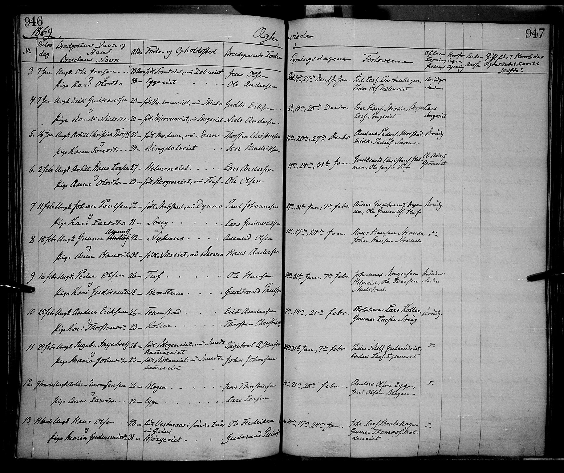 Gran prestekontor, SAH/PREST-112/H/Ha/Haa/L0012: Parish register (official) no. 12, 1856-1874, p. 946-947