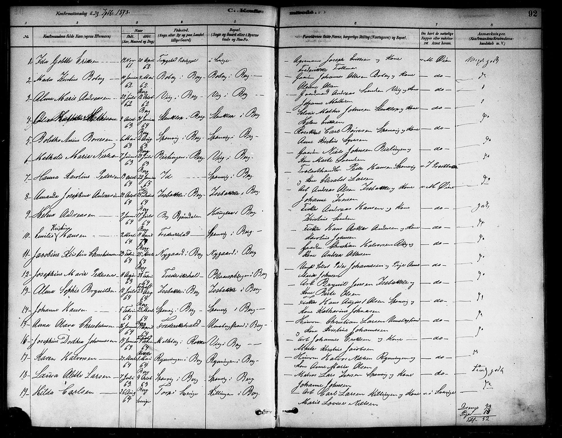 Berg prestekontor Kirkebøker, AV/SAO-A-10902/F/Fa/L0006: Parish register (official) no. I 6, 1878-1887, p. 92
