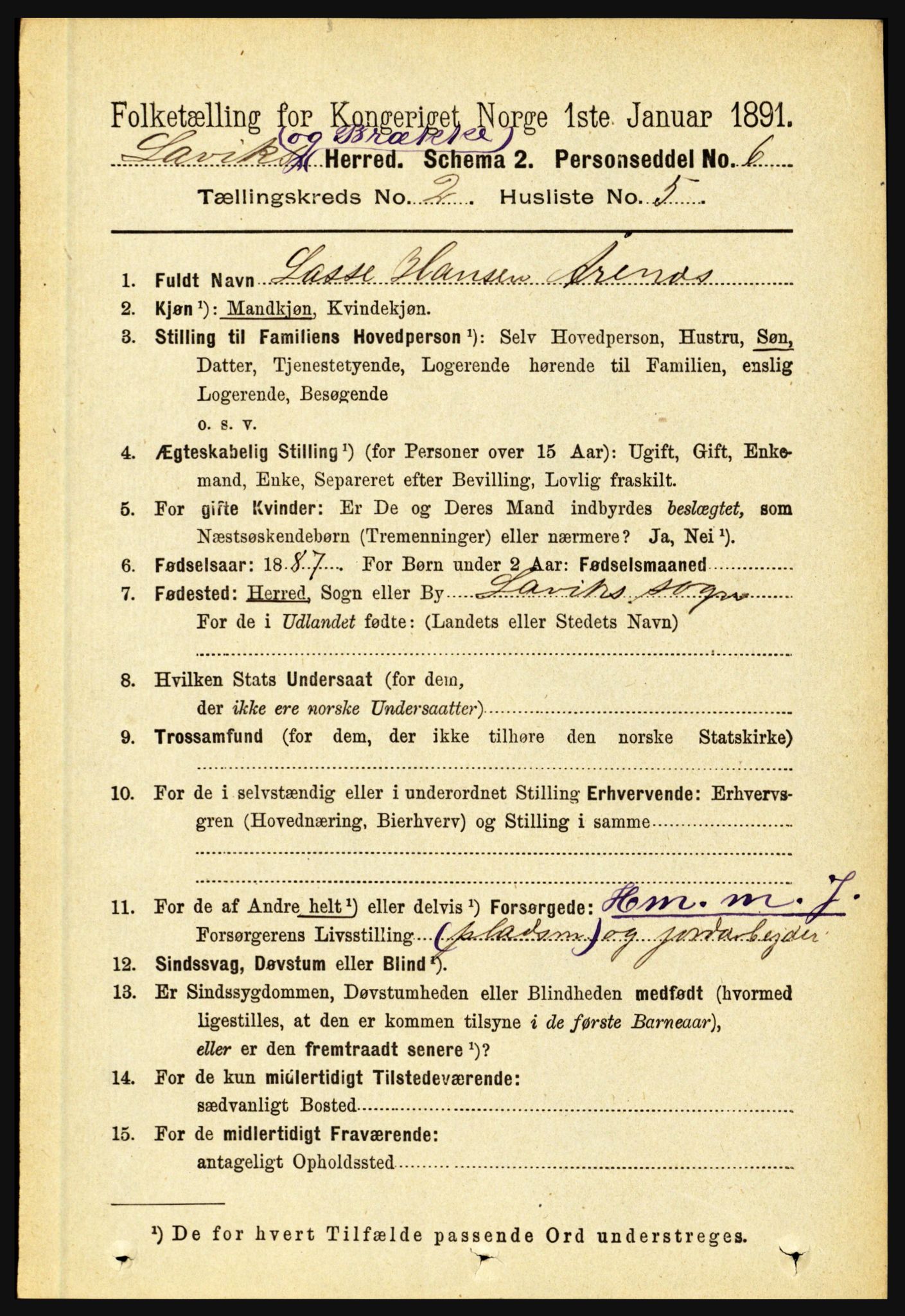 RA, 1891 census for 1415 Lavik og Brekke, 1891, p. 323