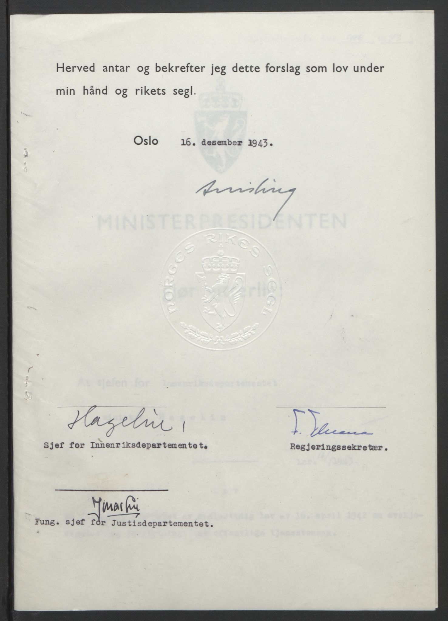 NS-administrasjonen 1940-1945 (Statsrådsekretariatet, de kommisariske statsråder mm), RA/S-4279/D/Db/L0099: Lover, 1943, p. 765