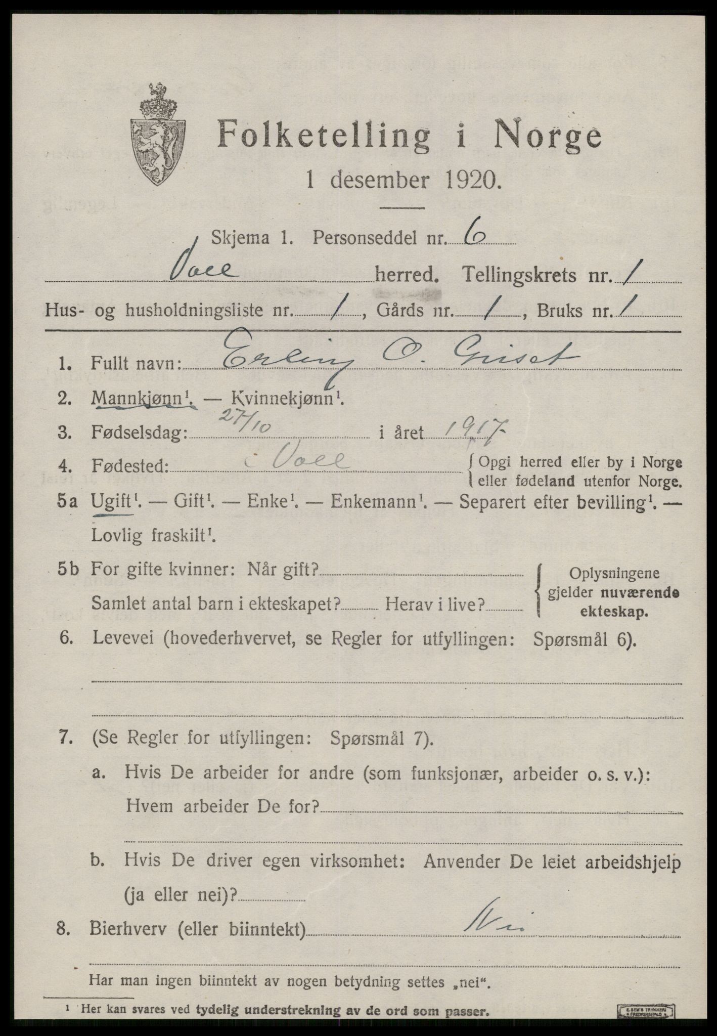 SAT, 1920 census for Voll, 1920, p. 335