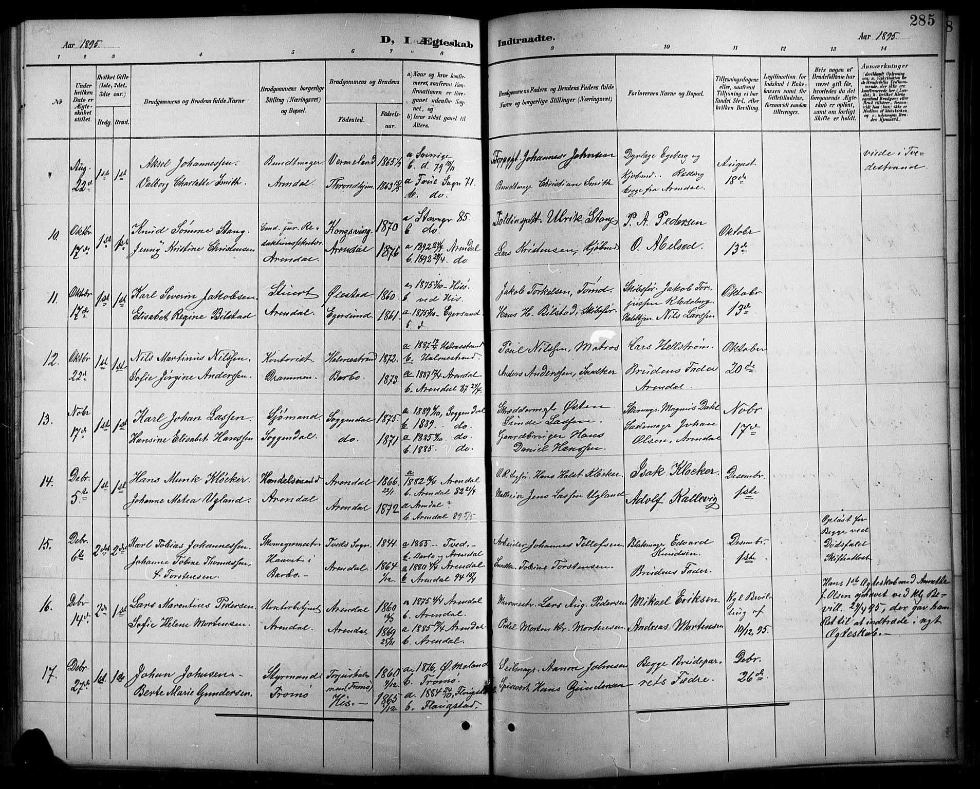 Arendal sokneprestkontor, Trefoldighet, SAK/1111-0040/F/Fb/L0006: Parish register (copy) no. B 6, 1889-1916, p. 285