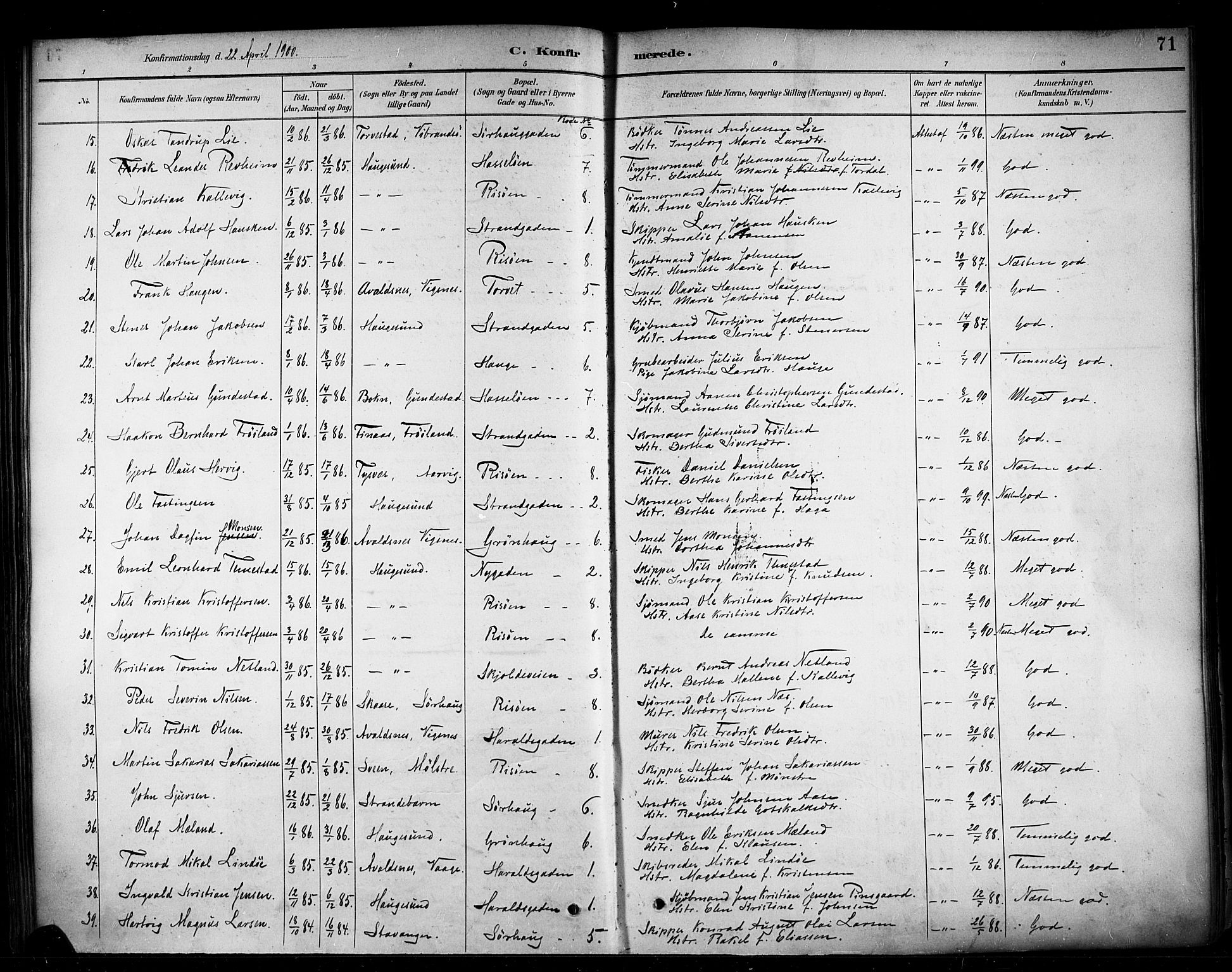 Haugesund sokneprestkontor, AV/SAST-A -101863/H/Ha/Haa/L0005: Parish register (official) no. A 5, 1891-1903, p. 71
