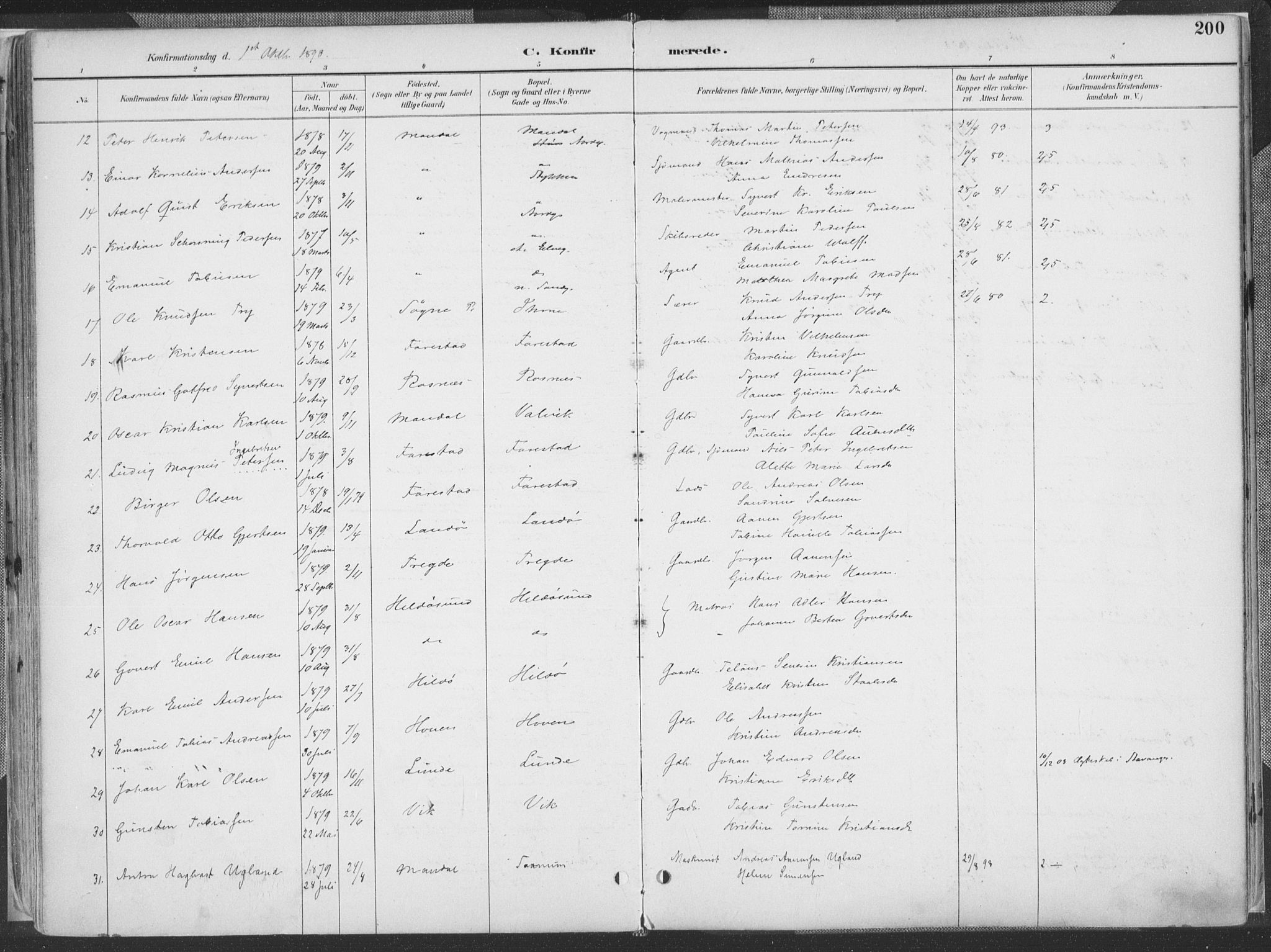 Mandal sokneprestkontor, SAK/1111-0030/F/Fa/Faa/L0018: Parish register (official) no. A 18, 1890-1905, p. 200