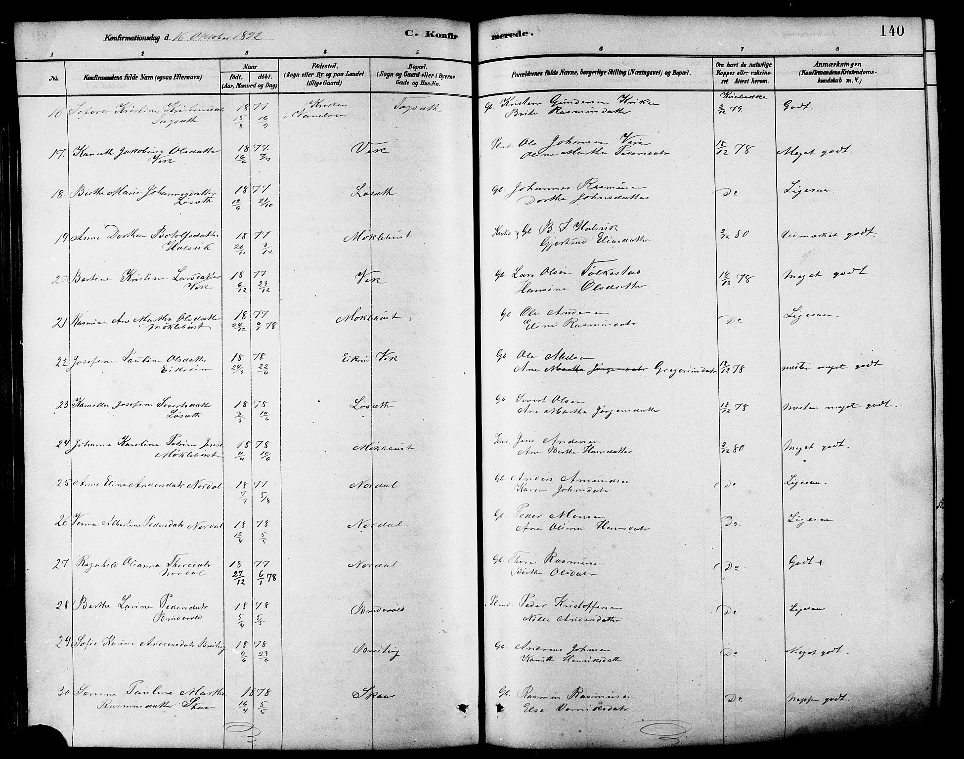 Ministerialprotokoller, klokkerbøker og fødselsregistre - Møre og Romsdal, AV/SAT-A-1454/502/L0027: Parish register (copy) no. 502C01, 1878-1908, p. 140