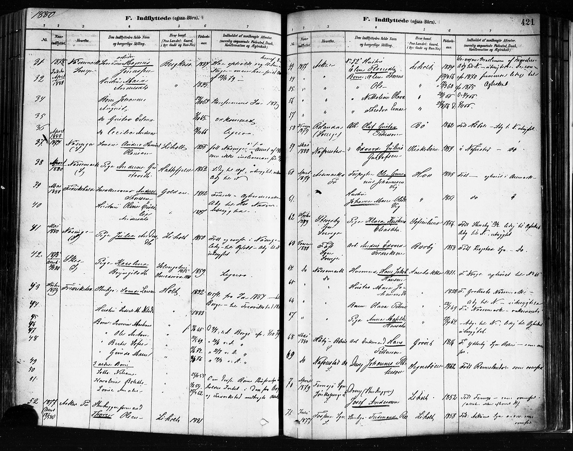 Idd prestekontor Kirkebøker, AV/SAO-A-10911/F/Fc/L0006b: Parish register (official) no. III 6B, 1878-1903, p. 421