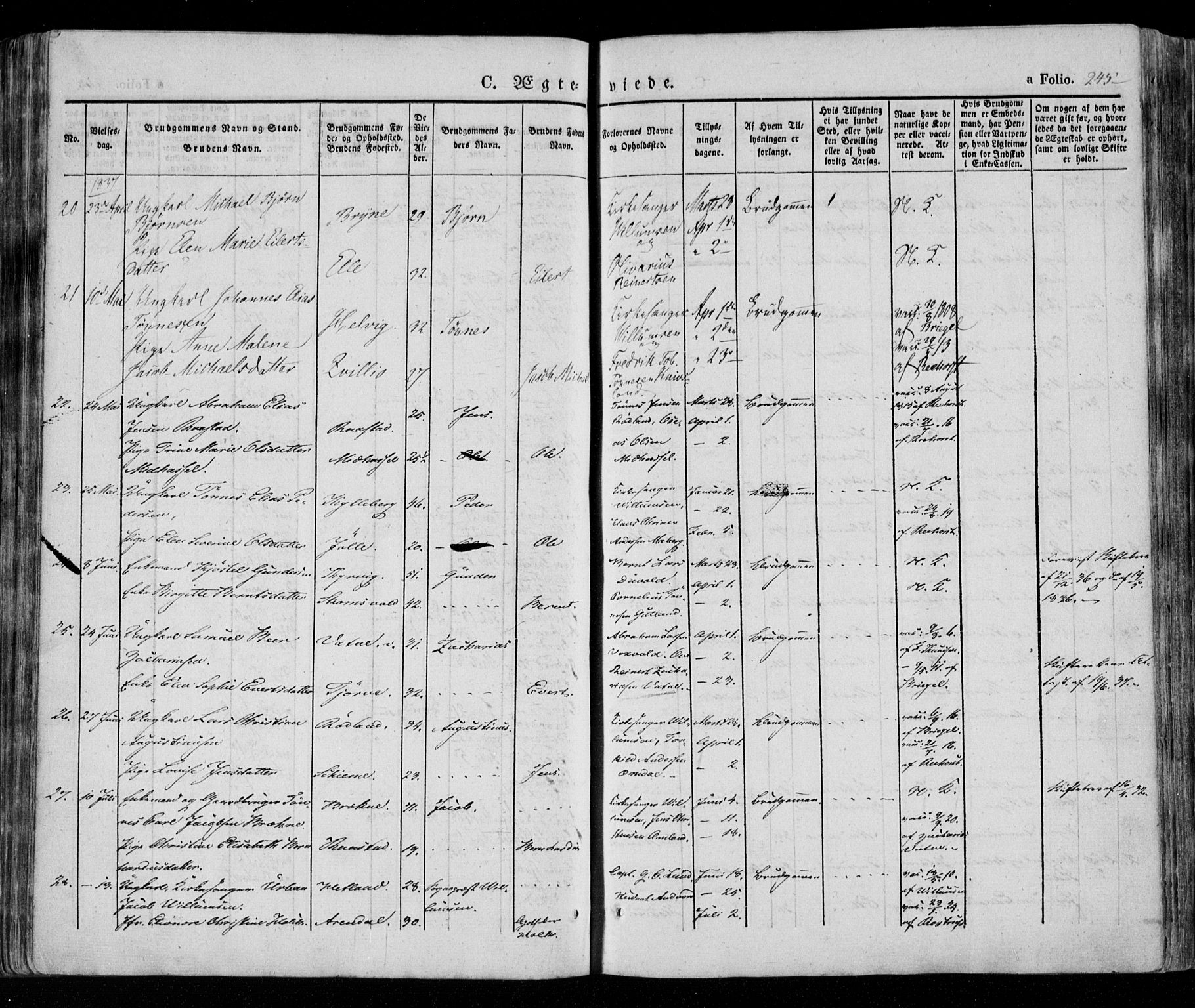 Lista sokneprestkontor, AV/SAK-1111-0027/F/Fa/L0009: Parish register (official) no. A 9, 1835-1846, p. 245