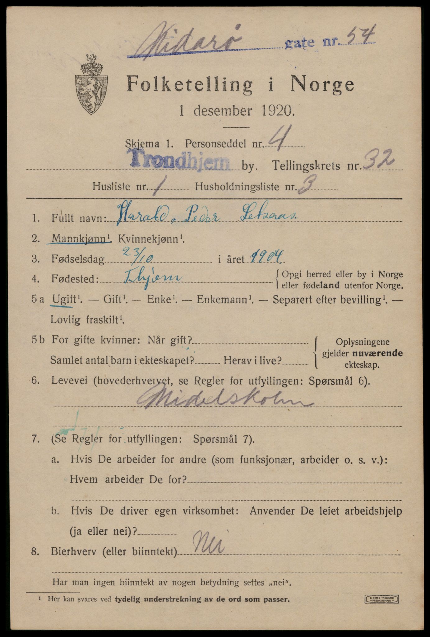 SAT, 1920 census for Trondheim, 1920, p. 77220