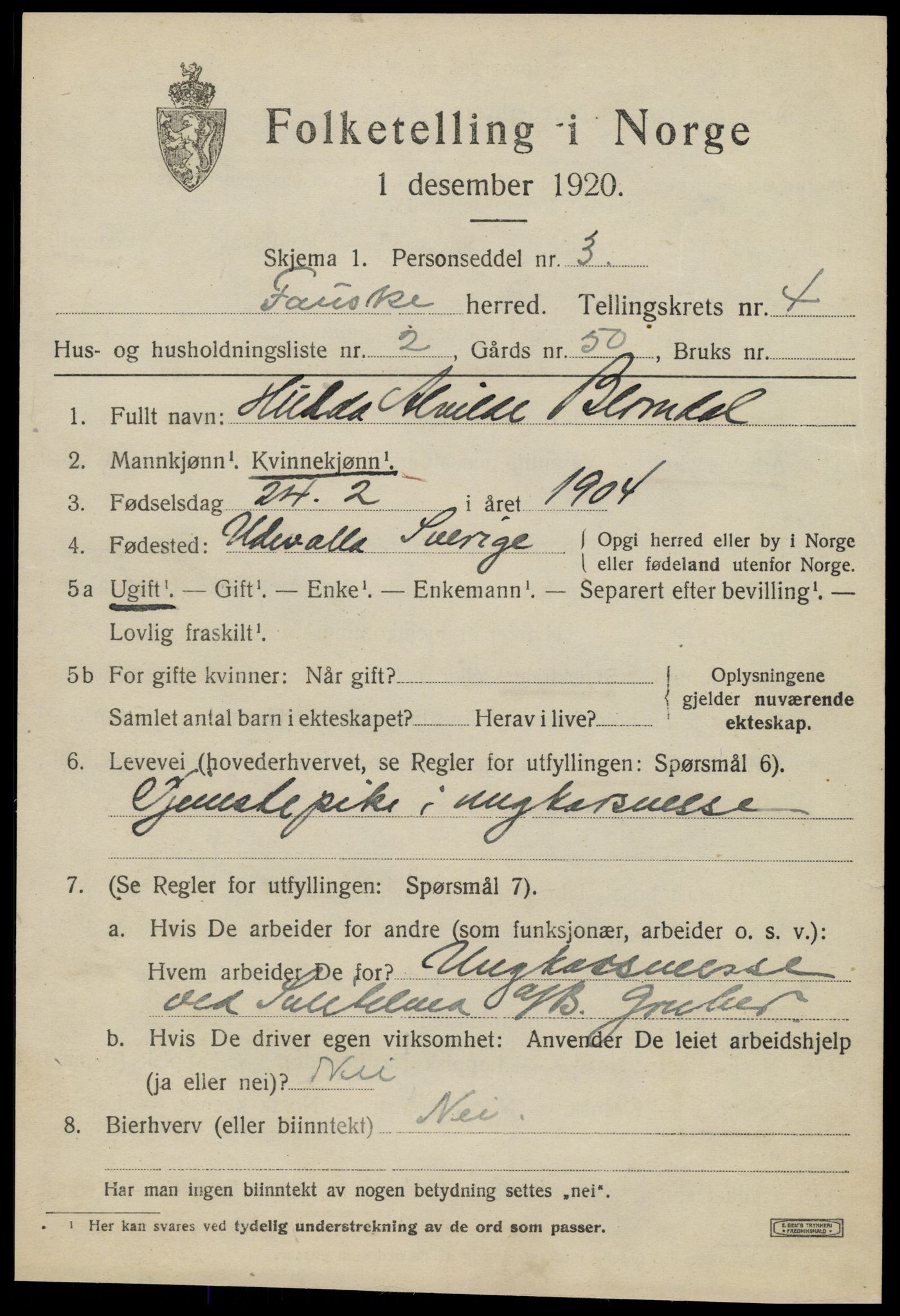 SAT, 1920 census for Fauske, 1920, p. 4168