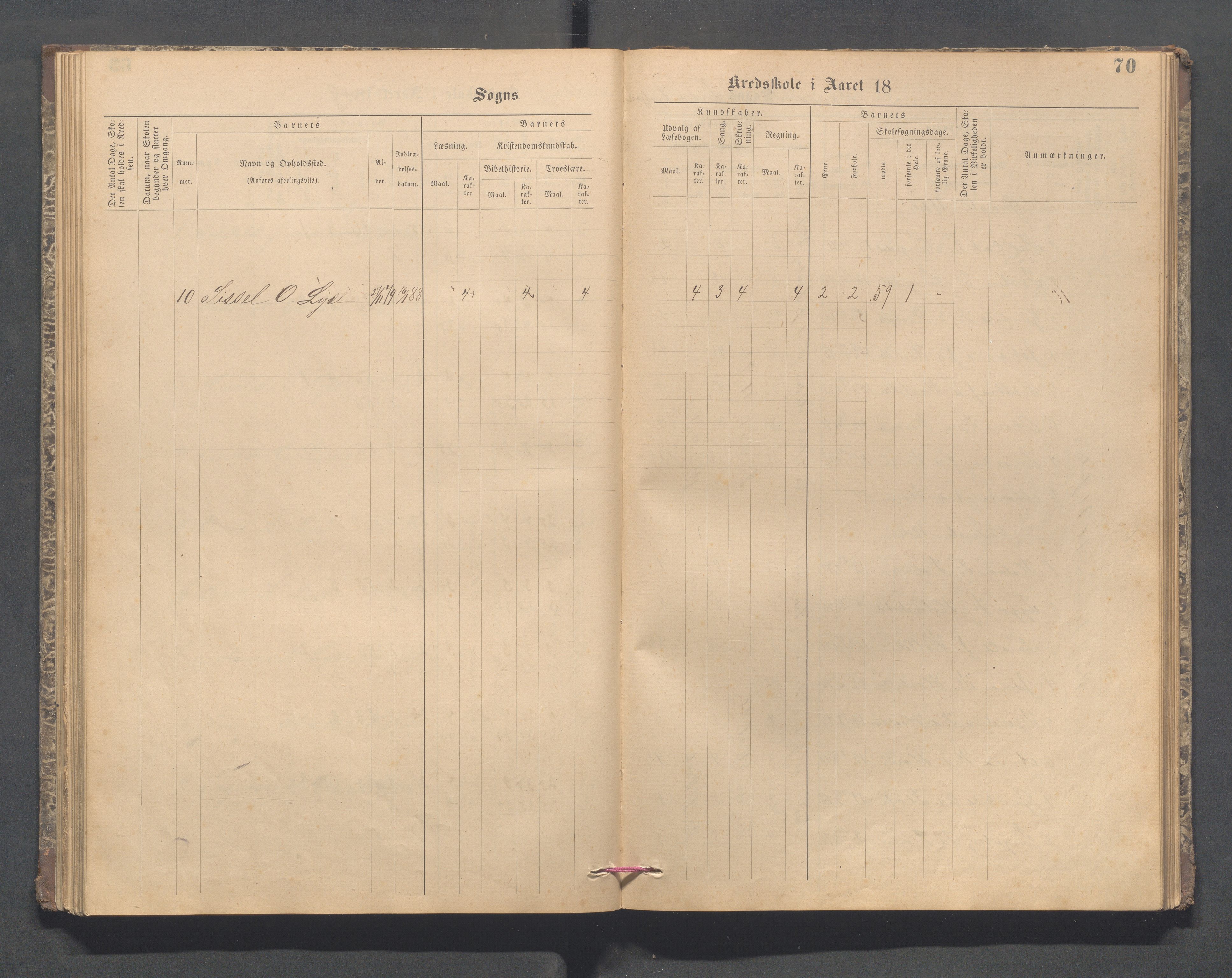 Forsand kommune - Lyse skole, IKAR/K-101613/H/L0001: Skoleprotokoll - Lyselandet, Indre Lysefjords enslige gårder, Kalleli omgangsskole, Songesand, Eiane, 1877-1894, p. 70