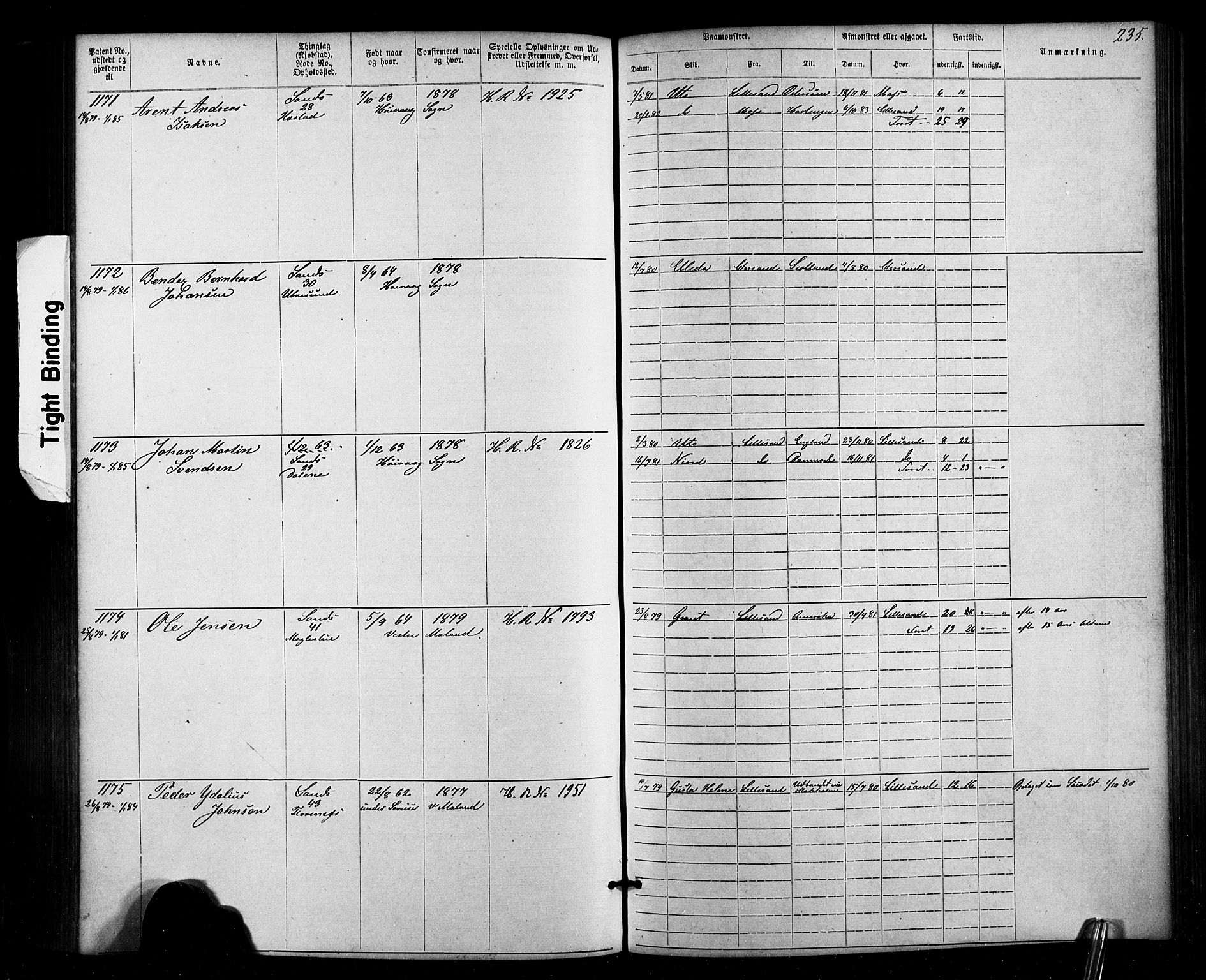 Lillesand mønstringskrets, SAK/2031-0014/F/Fa/L0002: Annotasjonsrulle nr 1-1910 med register, W-8, 1868-1891, p. 241