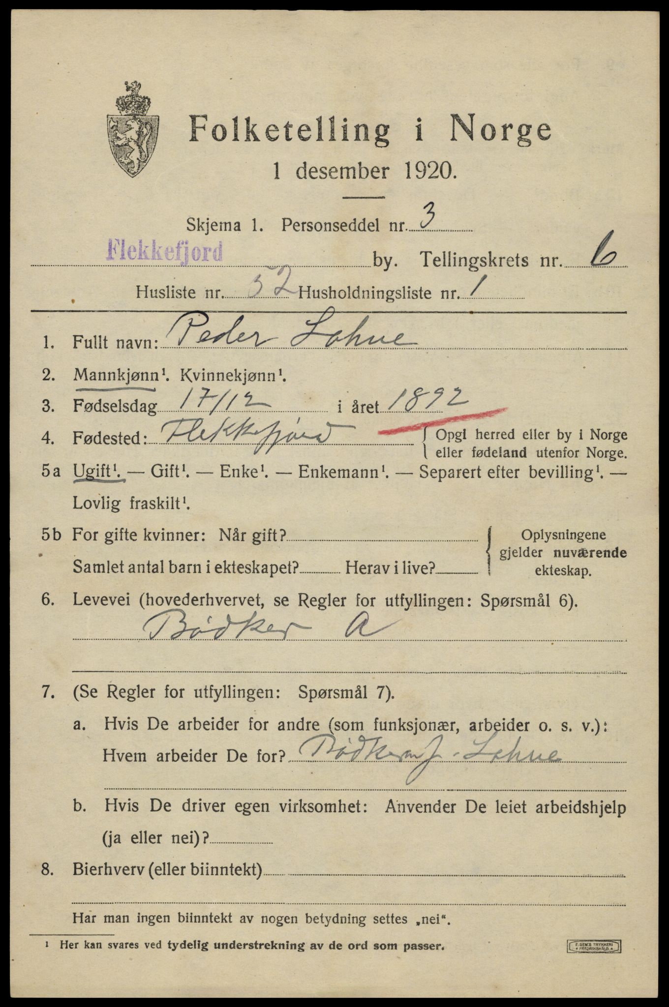 SAK, 1920 census for Flekkefjord, 1920, p. 6396