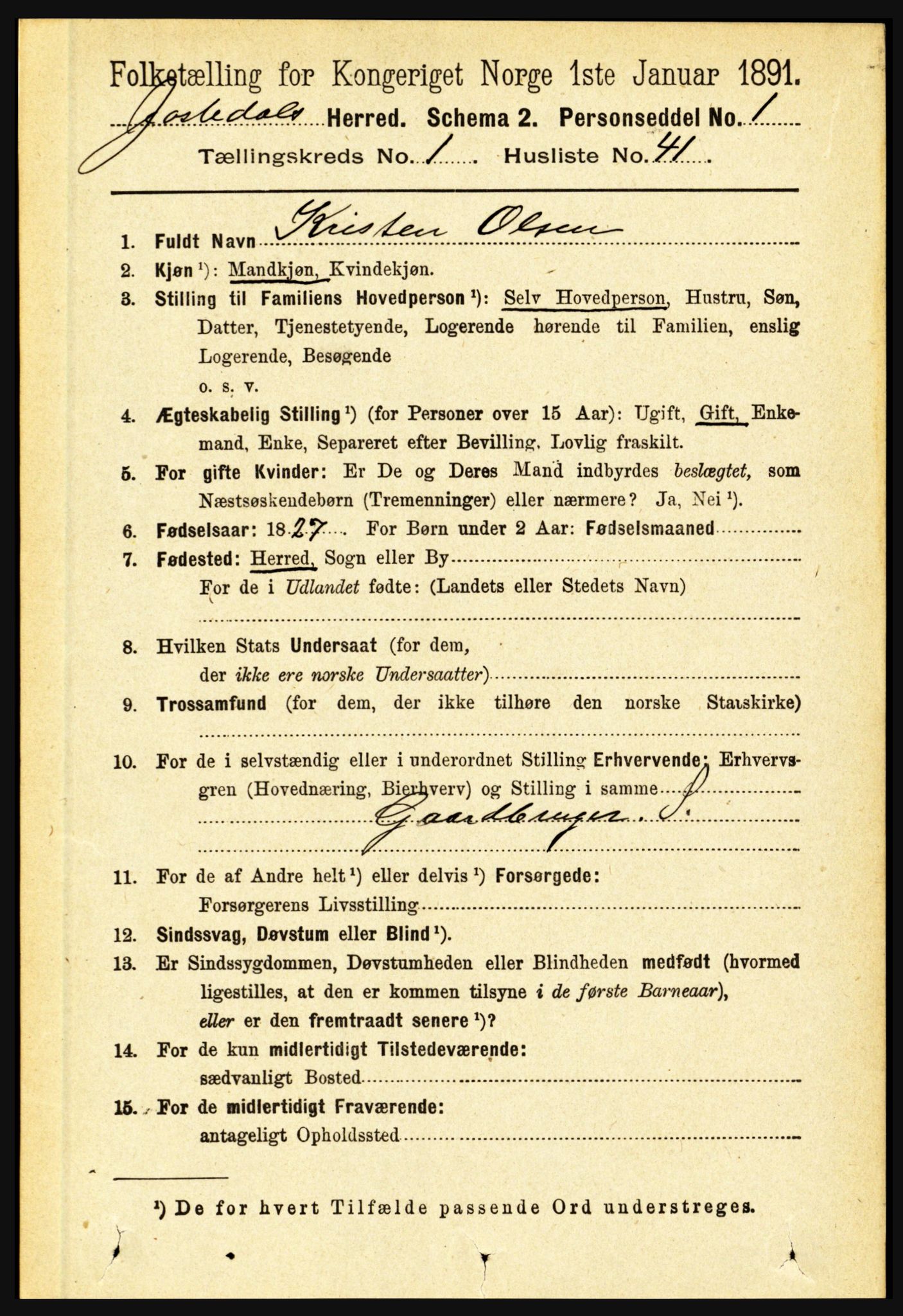 RA, 1891 census for 1427 Jostedal, 1891, p. 376