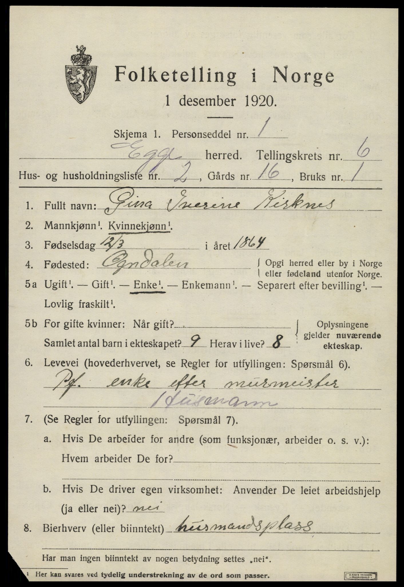 SAT, 1920 census for Egge, 1920, p. 3844