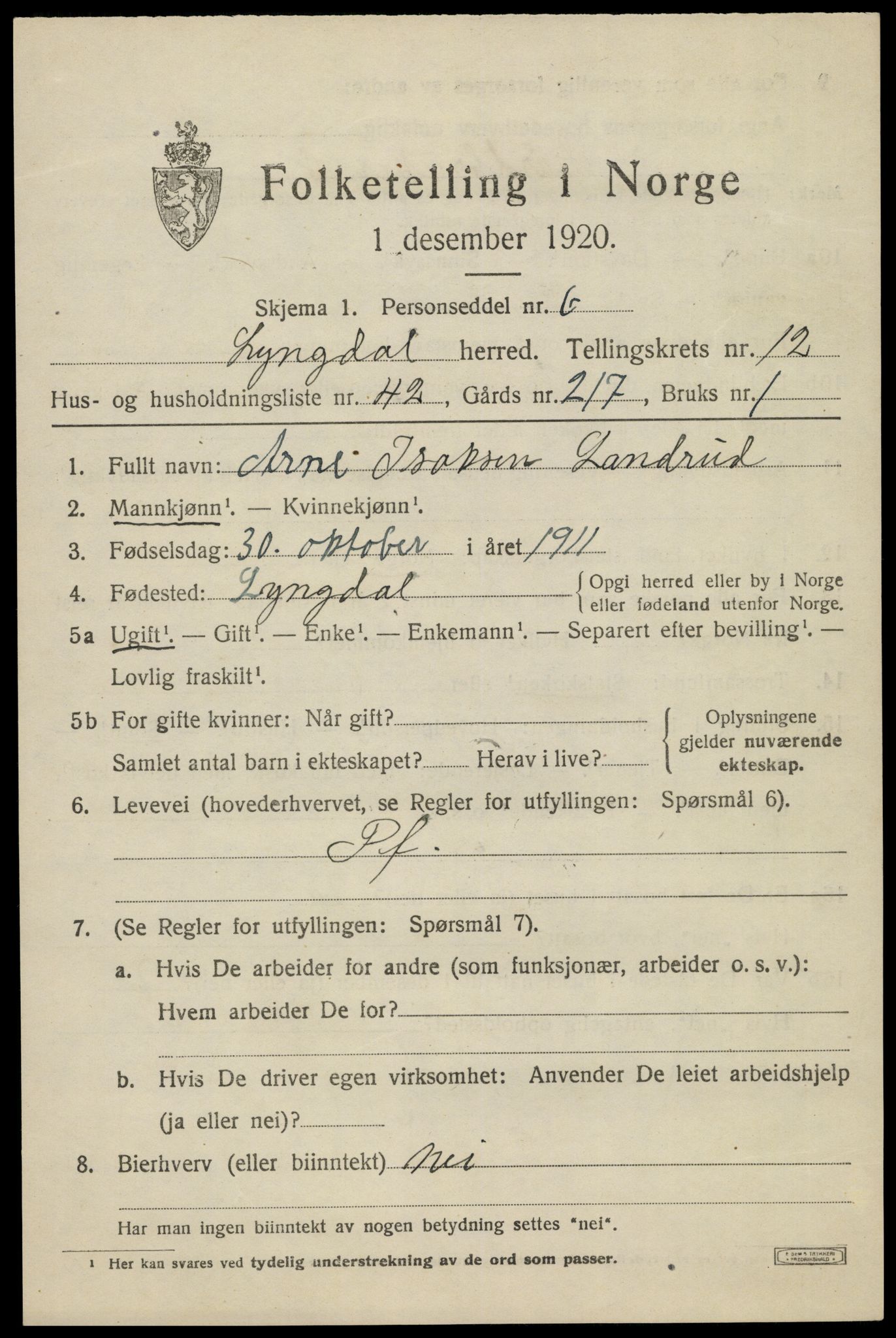 SAK, 1920 census for Lyngdal, 1920, p. 5821