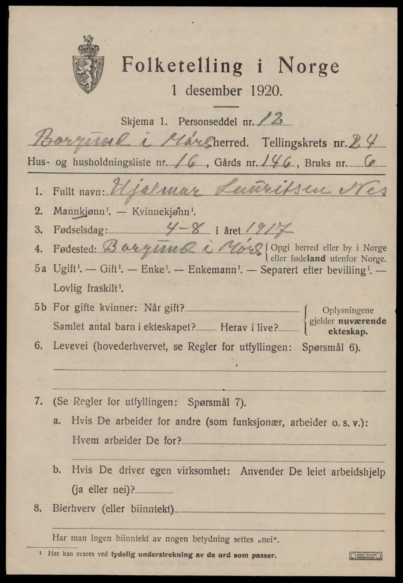 SAT, 1920 census for Borgund, 1920, p. 16794