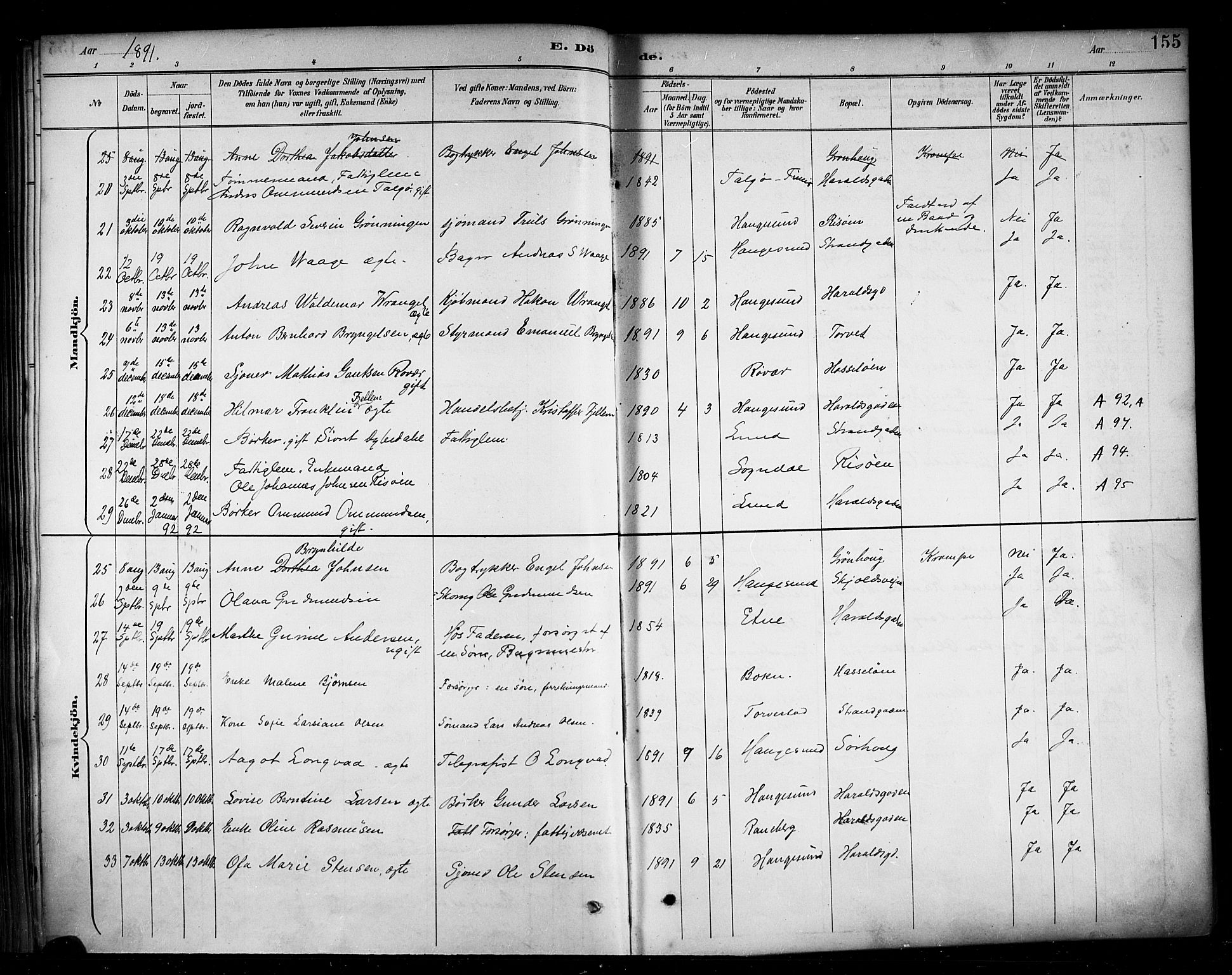 Haugesund sokneprestkontor, AV/SAST-A -101863/H/Ha/Haa/L0005: Parish register (official) no. A 5, 1891-1903, p. 155