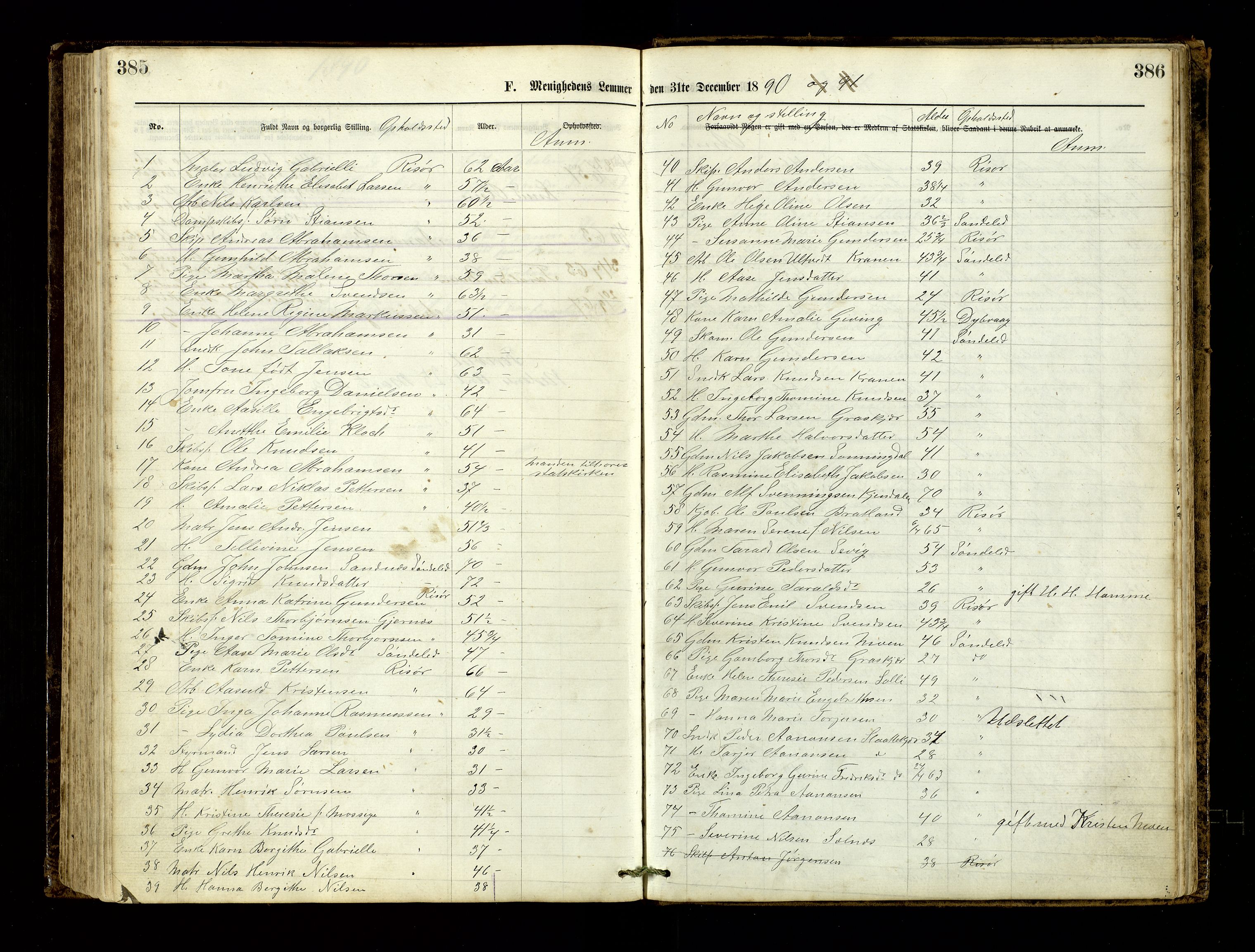 Den evangelisk-lutherske frimenighet, Risør, AV/SAK-1292-0007/F/Fa/L0001: Dissenter register no. F 17, 1877-1892, p. 385-386