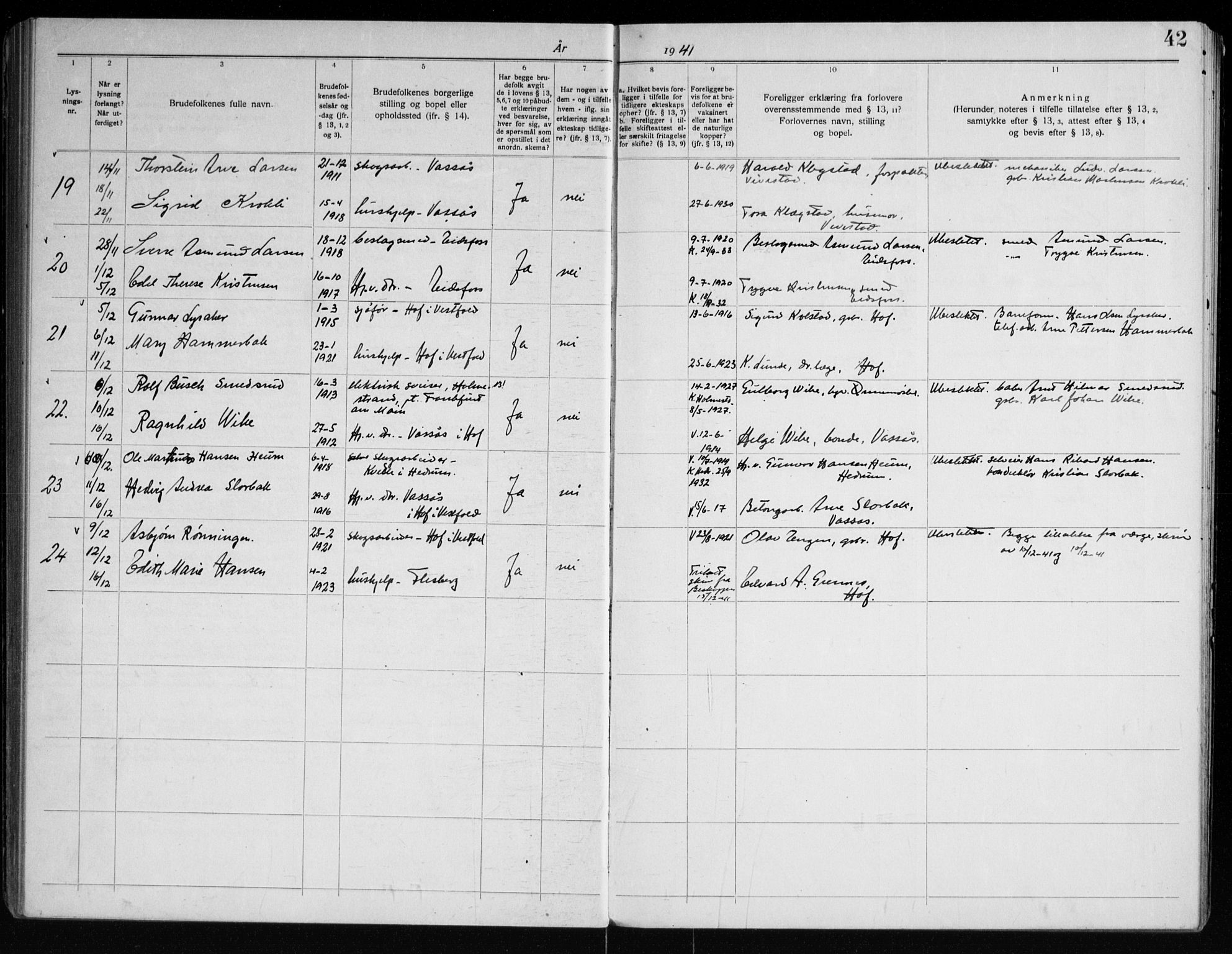 Hof kirkebøker, AV/SAKO-A-64/H/Ha/L0001: Banns register no. 1, 1919-1957, p. 42