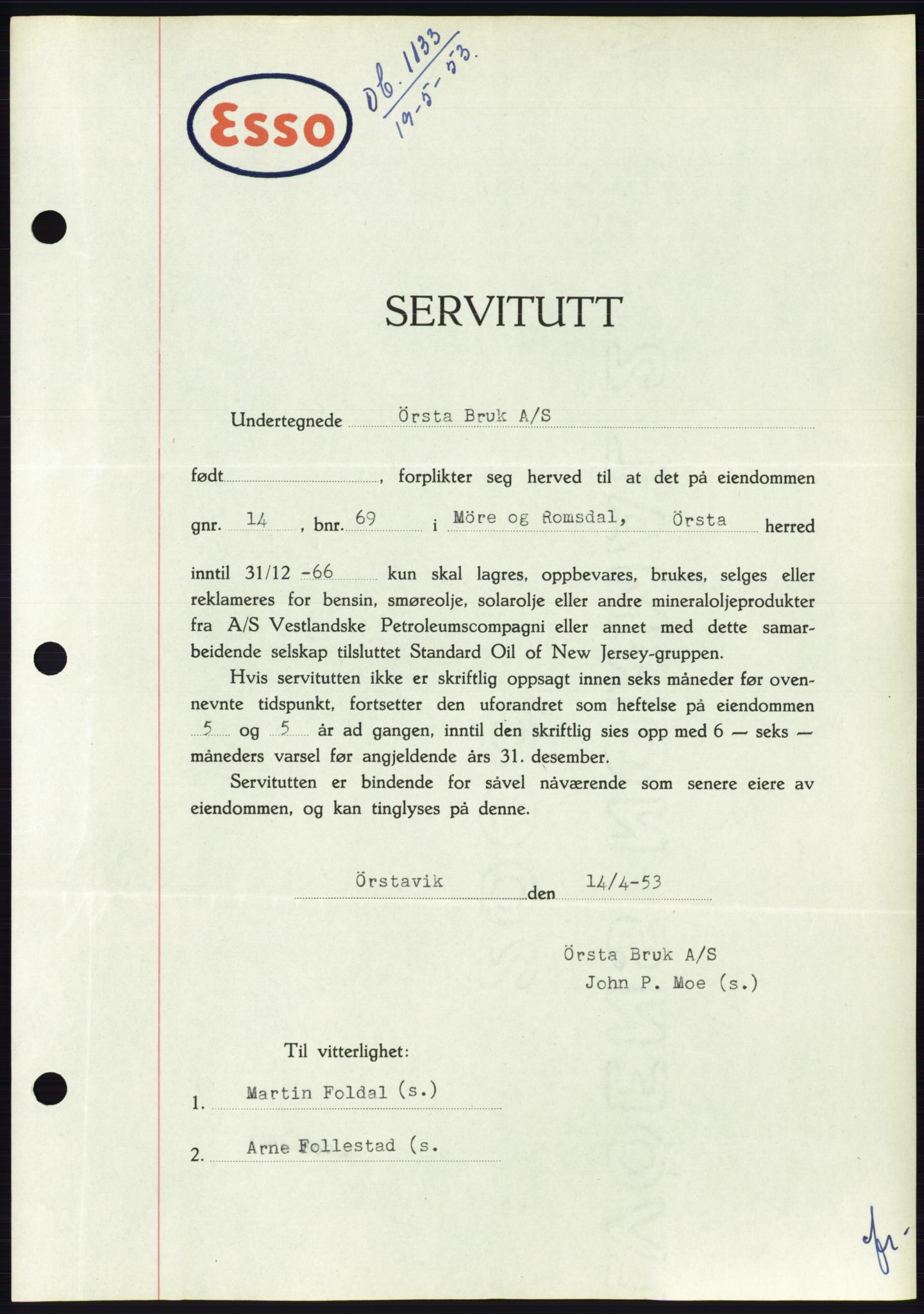 Søre Sunnmøre sorenskriveri, SAT/A-4122/1/2/2C/L0123: Mortgage book no. 11B, 1953-1953, Diary no: : 1133/1953