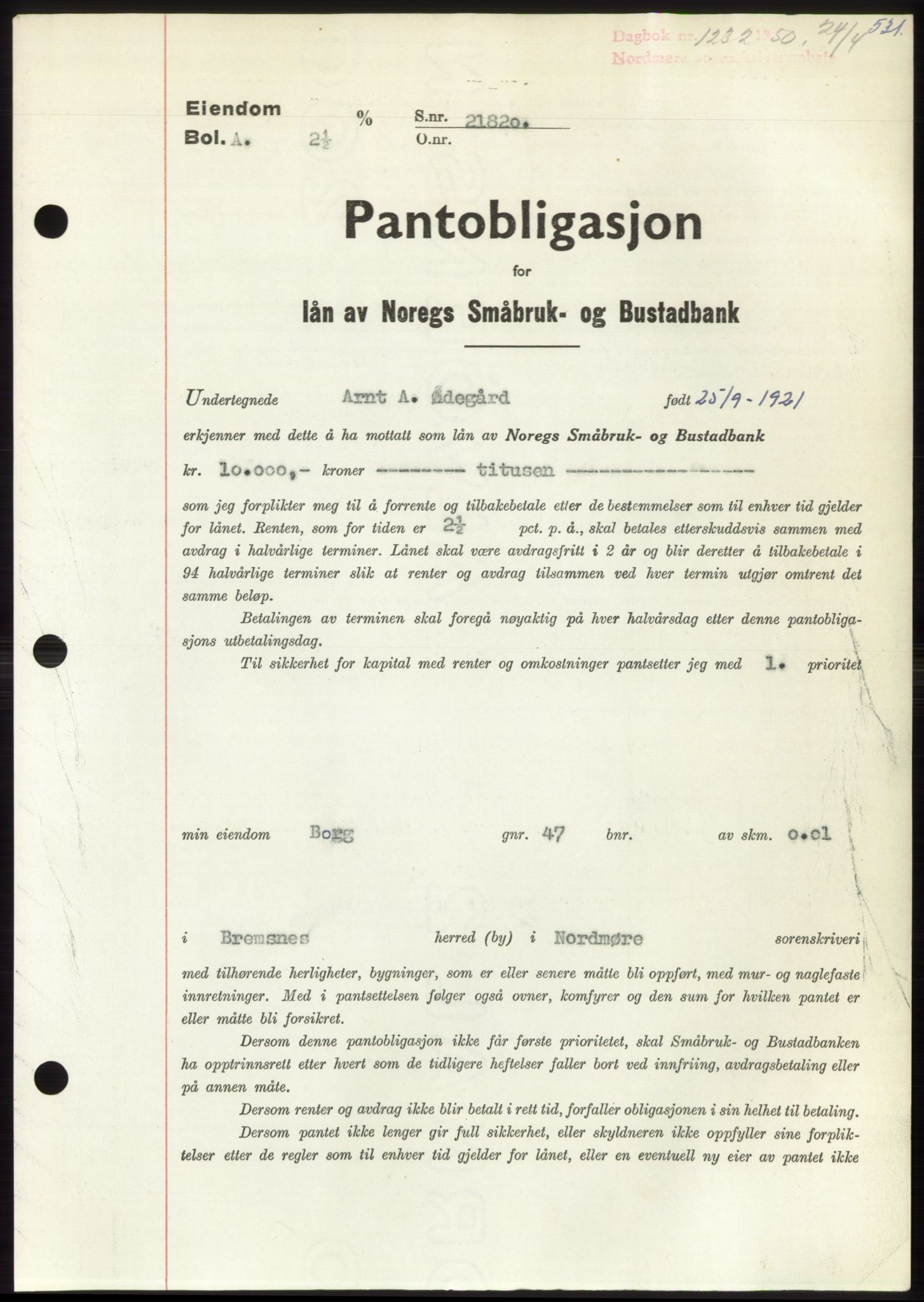 Nordmøre sorenskriveri, AV/SAT-A-4132/1/2/2Ca: Mortgage book no. B104, 1950-1950, Diary no: : 1232/1950