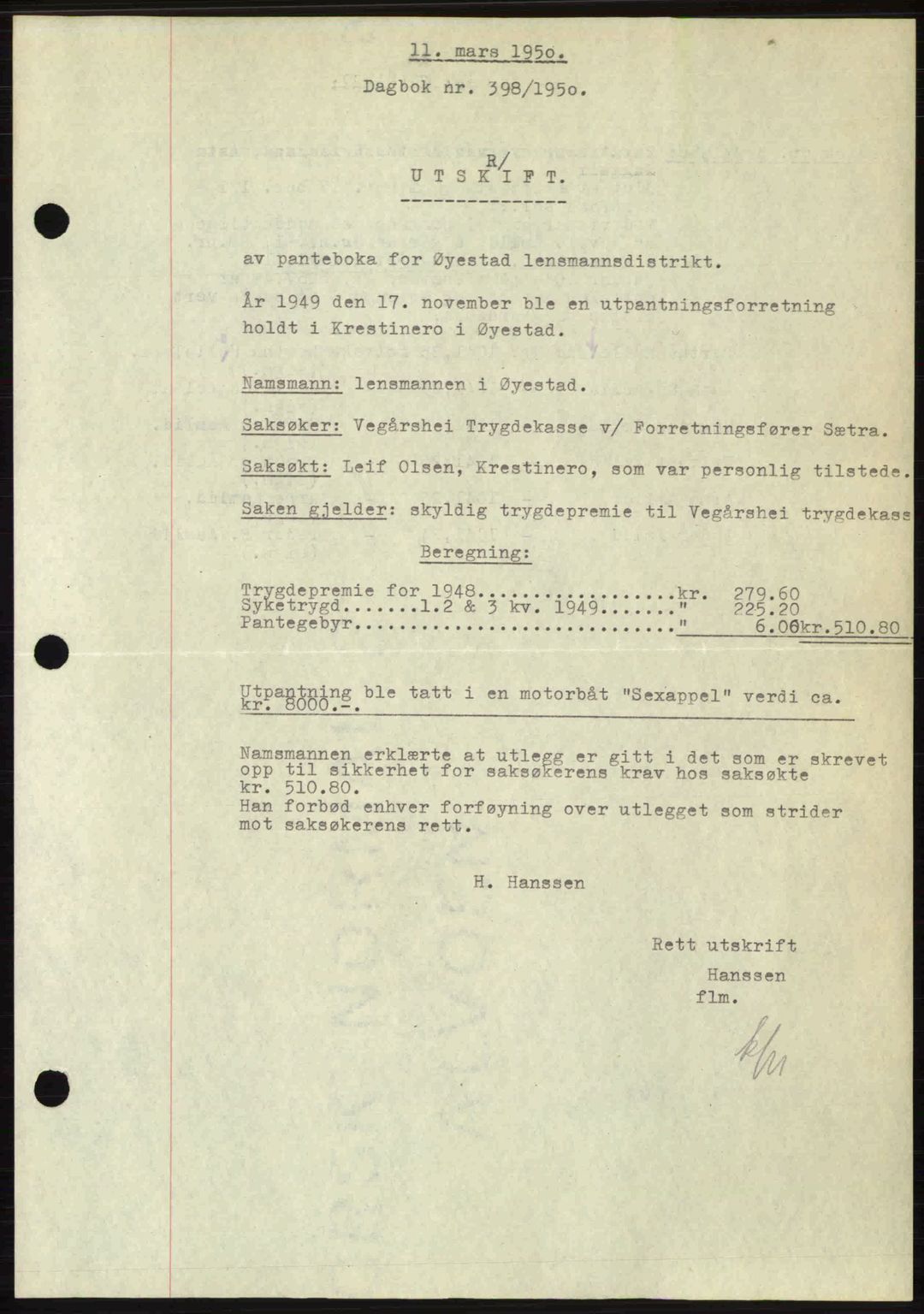 Nedenes sorenskriveri, SAK/1221-0006/G/Gb/Gba/L0062: Mortgage book no. A14, 1949-1950, Diary no: : 398/1950