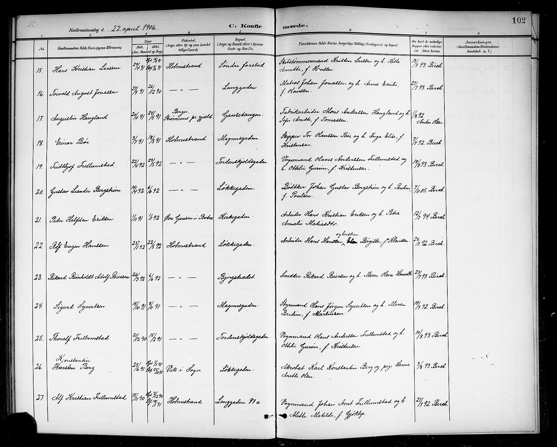 Holmestrand kirkebøker, SAKO/A-346/G/Ga/L0006: Parish register (copy) no. 6, 1901-1923, p. 102