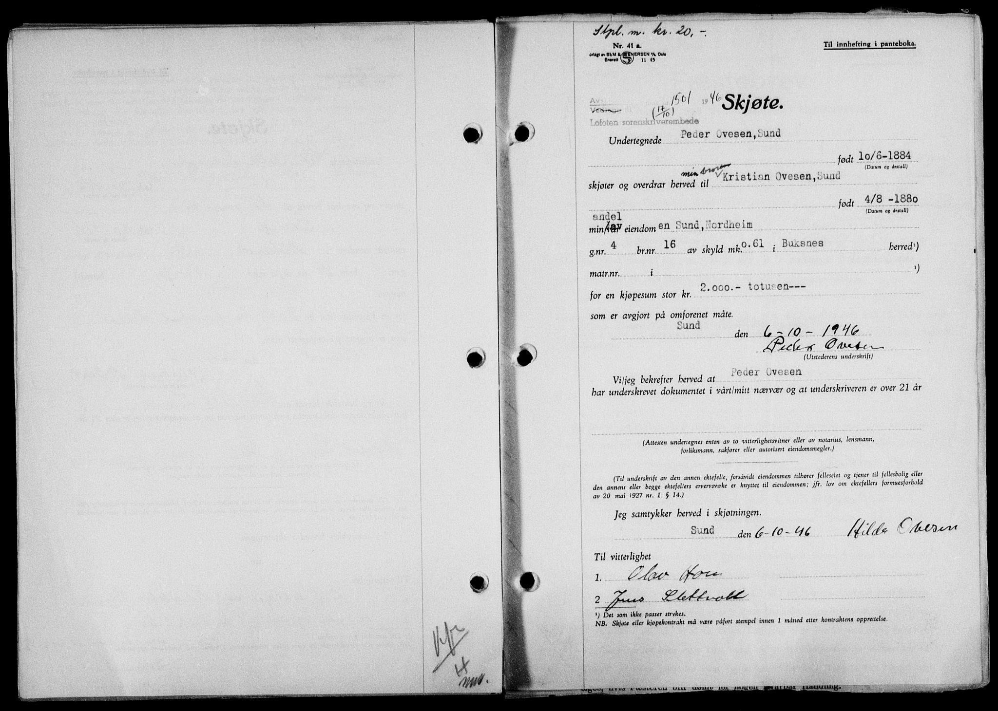 Lofoten sorenskriveri, SAT/A-0017/1/2/2C/L0014a: Mortgage book no. 14a, 1946-1946, Diary no: : 1501/1946