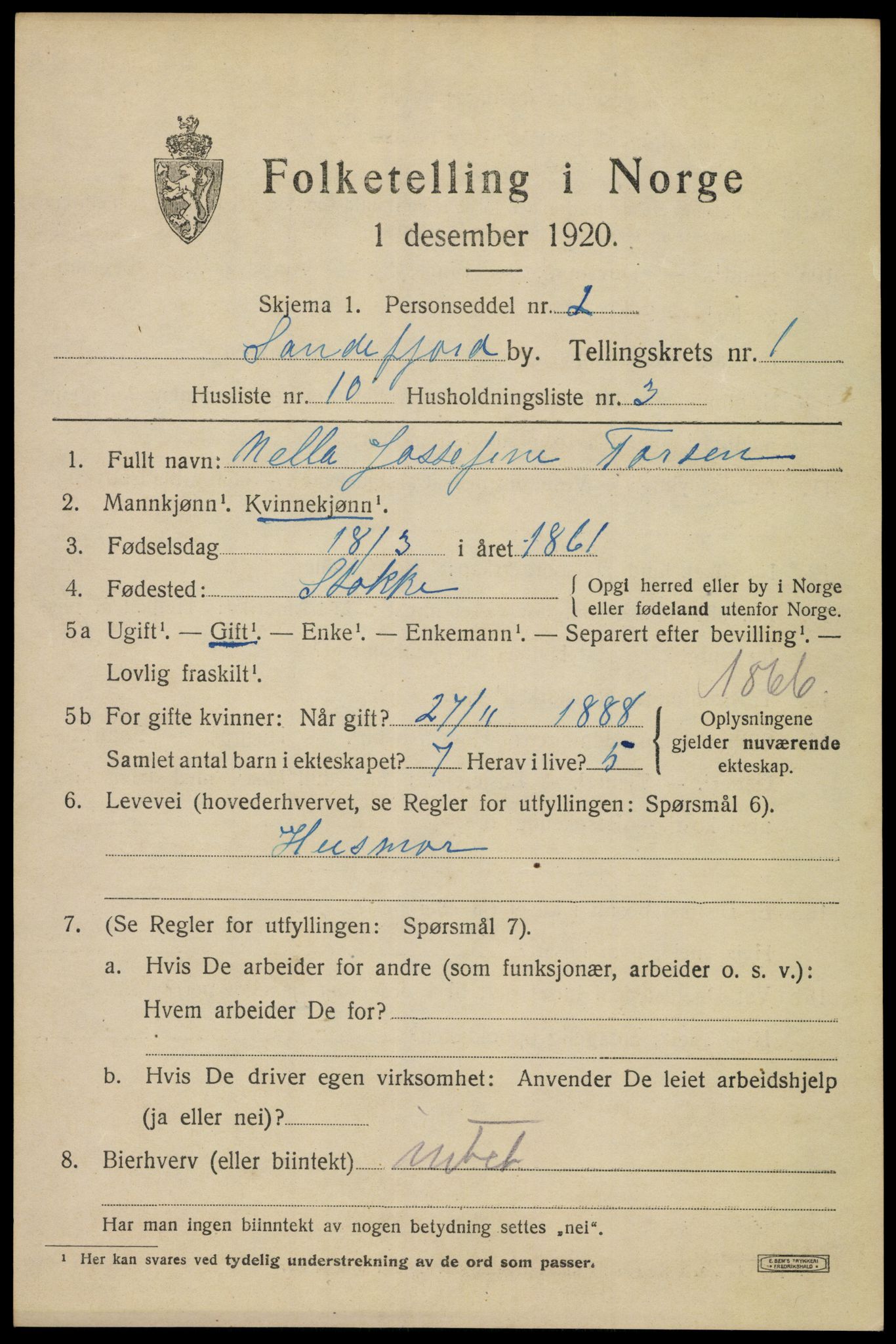 SAKO, 1920 census for Sandefjord, 1920, p. 4320