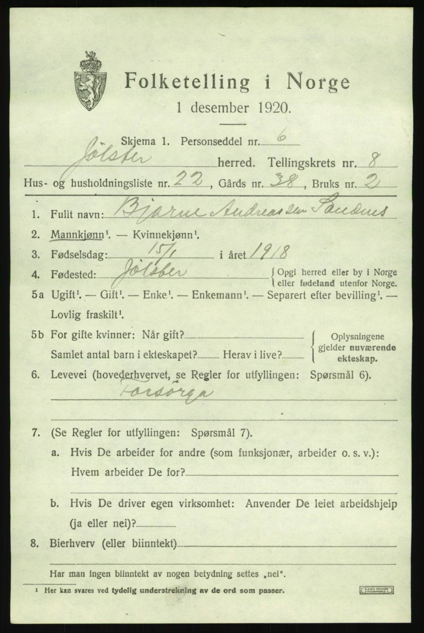 SAB, 1920 census for Jølster, 1920, p. 4304