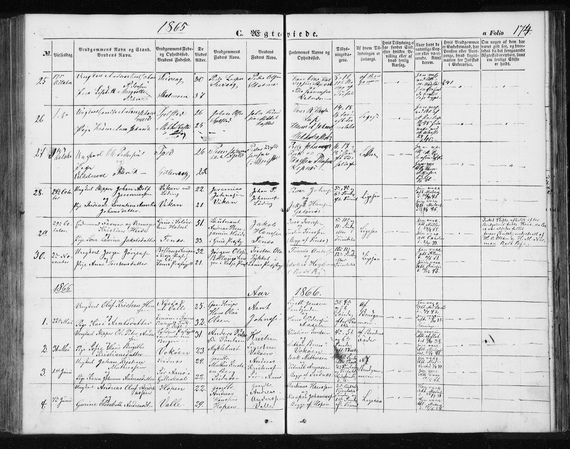 Ministerialprotokoller, klokkerbøker og fødselsregistre - Nordland, SAT/A-1459/801/L0028: Parish register (copy) no. 801C03, 1855-1867, p. 174