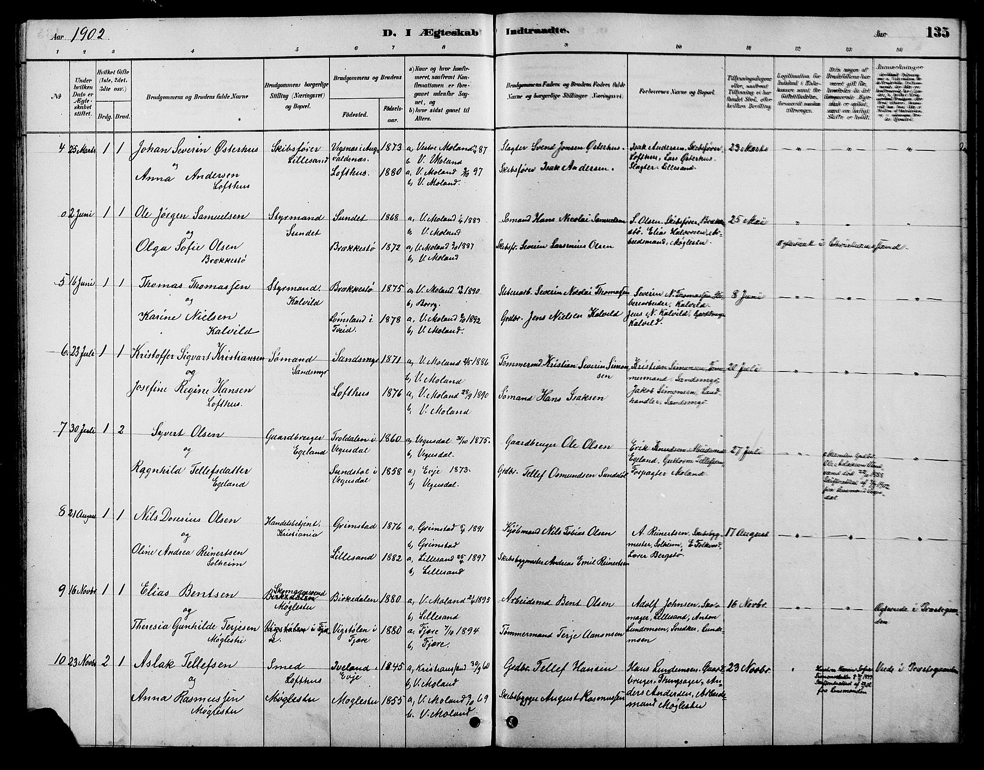 Vestre Moland sokneprestkontor, AV/SAK-1111-0046/F/Fb/Fbb/L0006: Parish register (copy) no. B 6, 1884-1905, p. 135