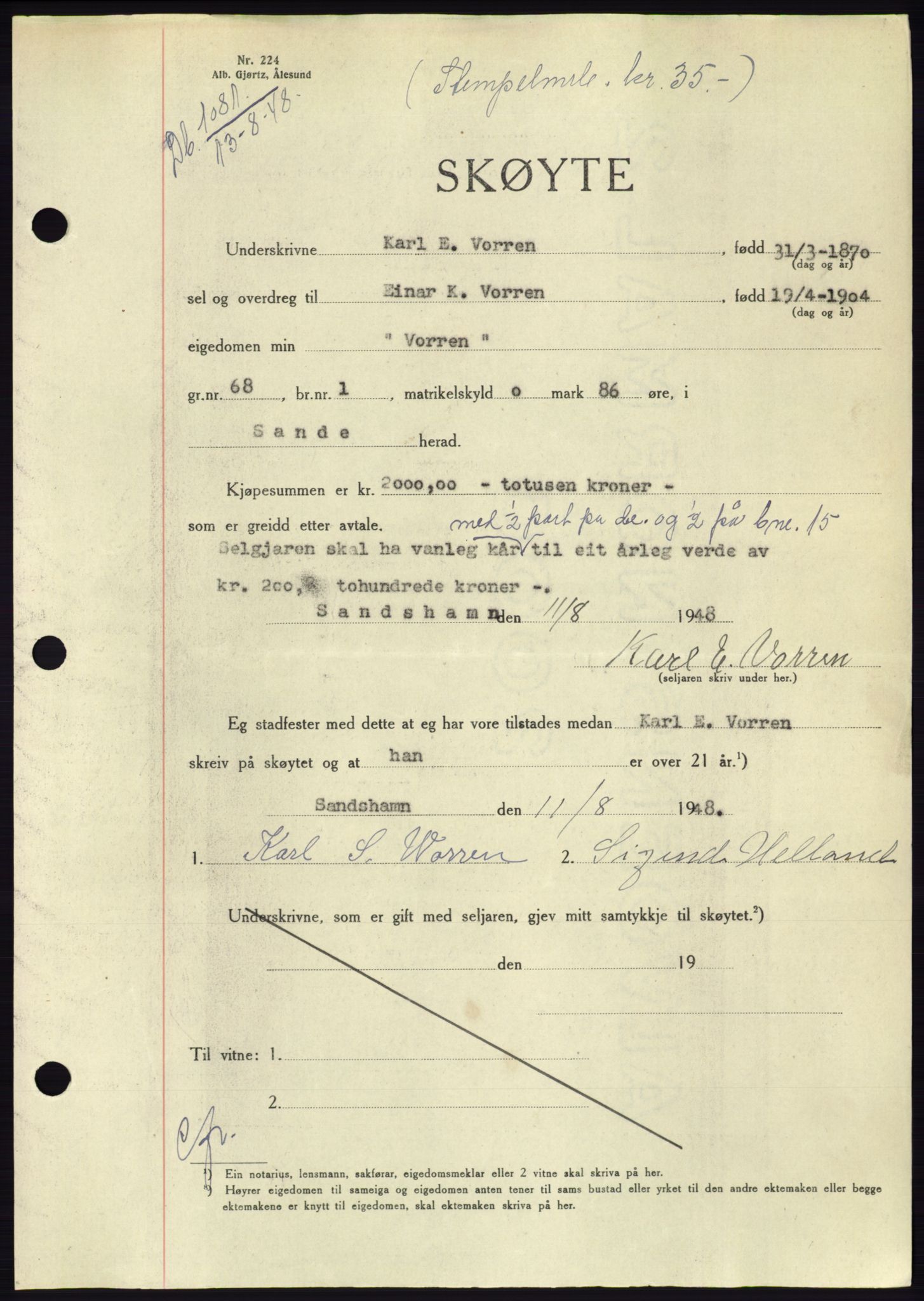 Søre Sunnmøre sorenskriveri, AV/SAT-A-4122/1/2/2C/L0082: Mortgage book no. 8A, 1948-1948, Diary no: : 1081/1948