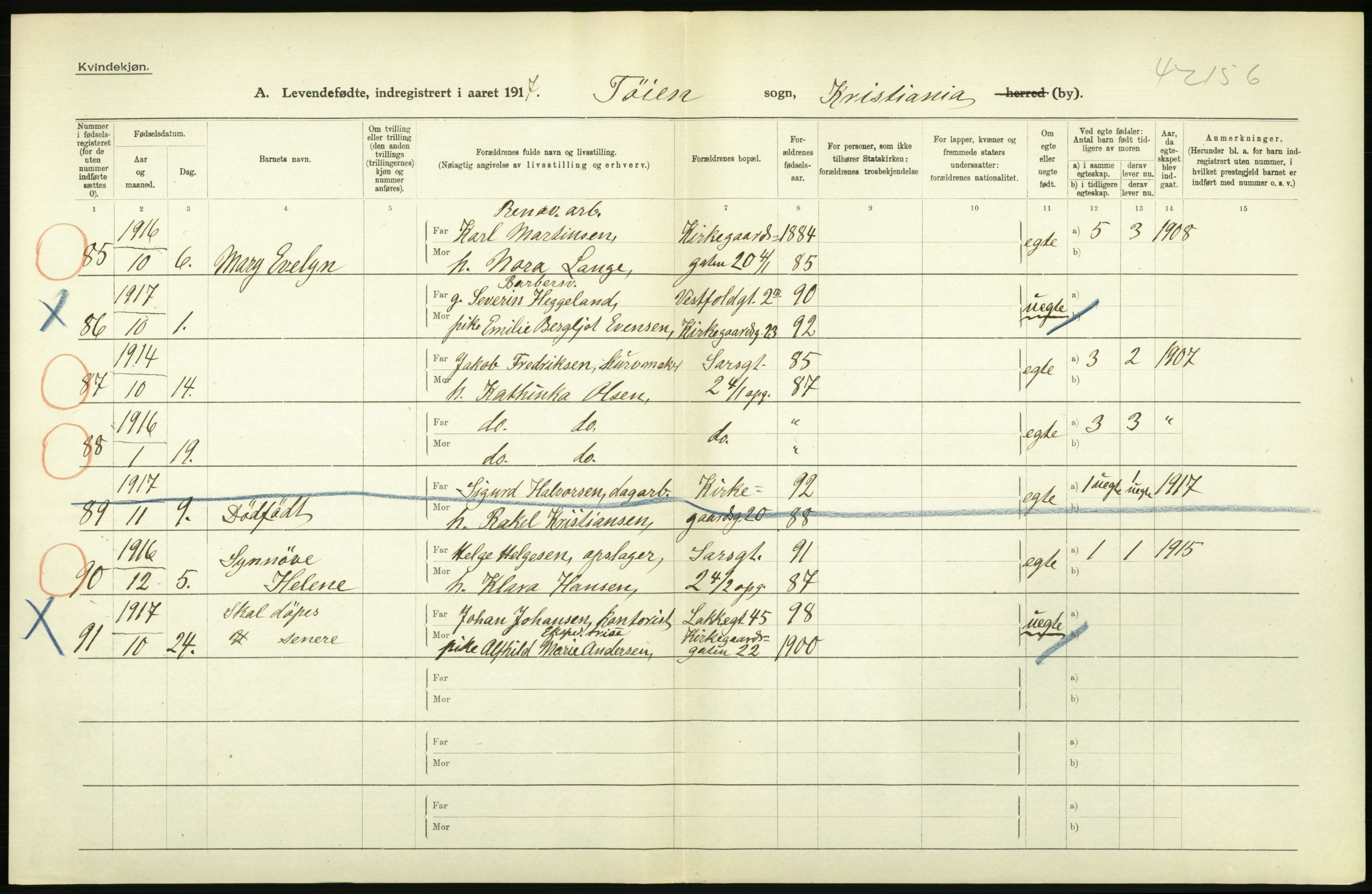 Statistisk sentralbyrå, Sosiodemografiske emner, Befolkning, RA/S-2228/D/Df/Dfb/Dfbg/L0006: Kristiania: Levendefødte menn og kvinner., 1917, p. 218