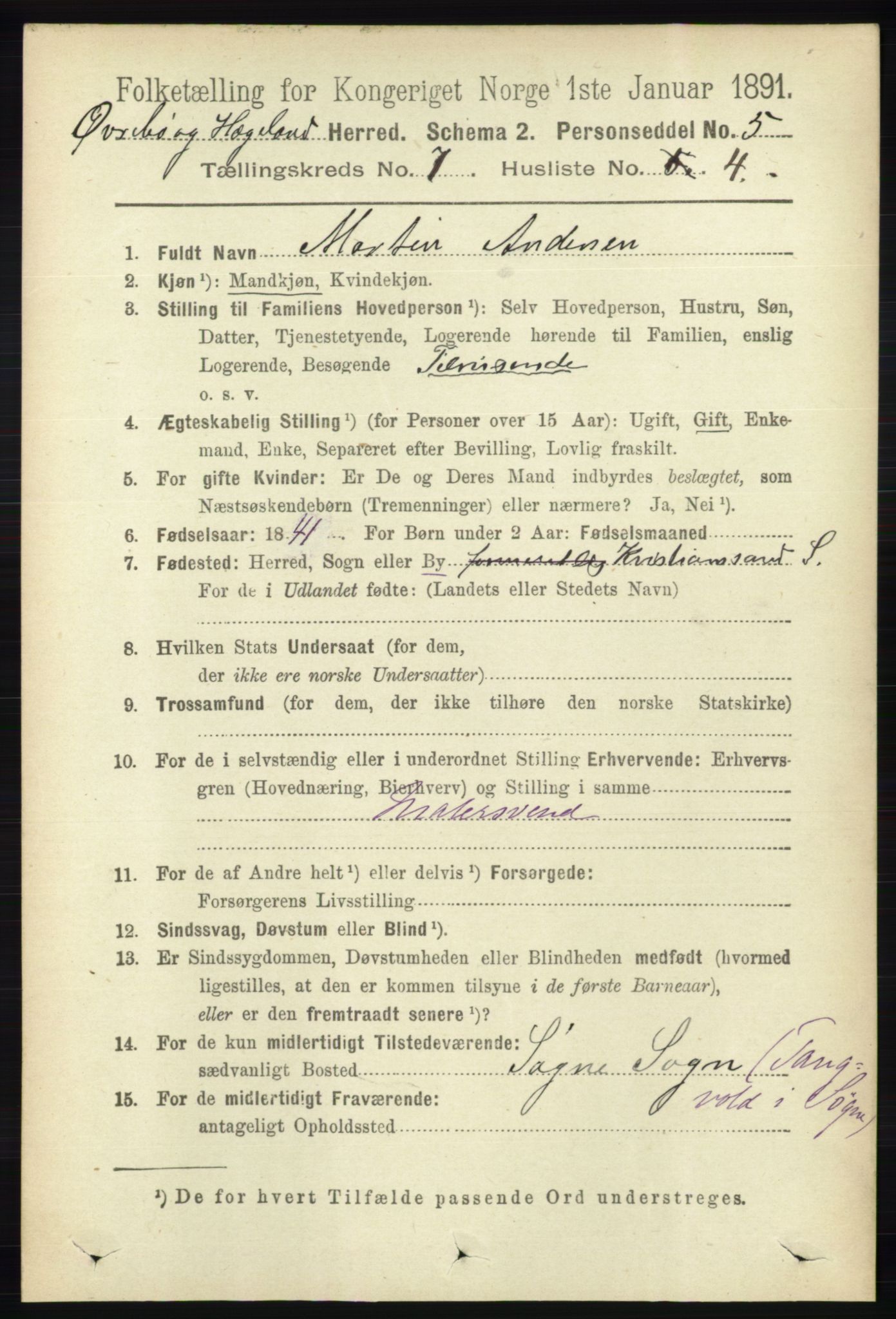 RA, 1891 census for 1016 Øvrebø og Hægeland, 1891, p. 1359