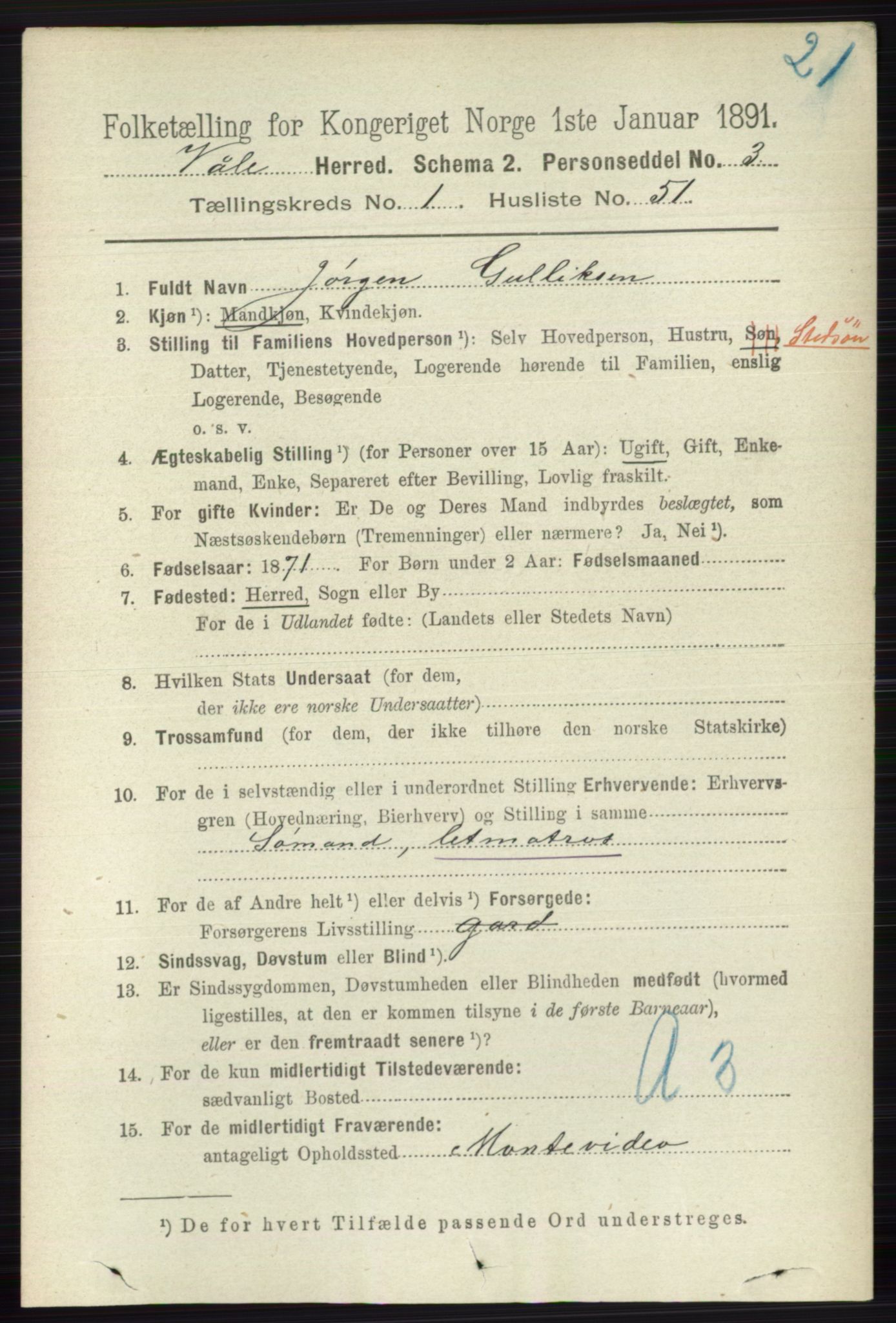 RA, 1891 census for 0716 Våle, 1891, p. 381