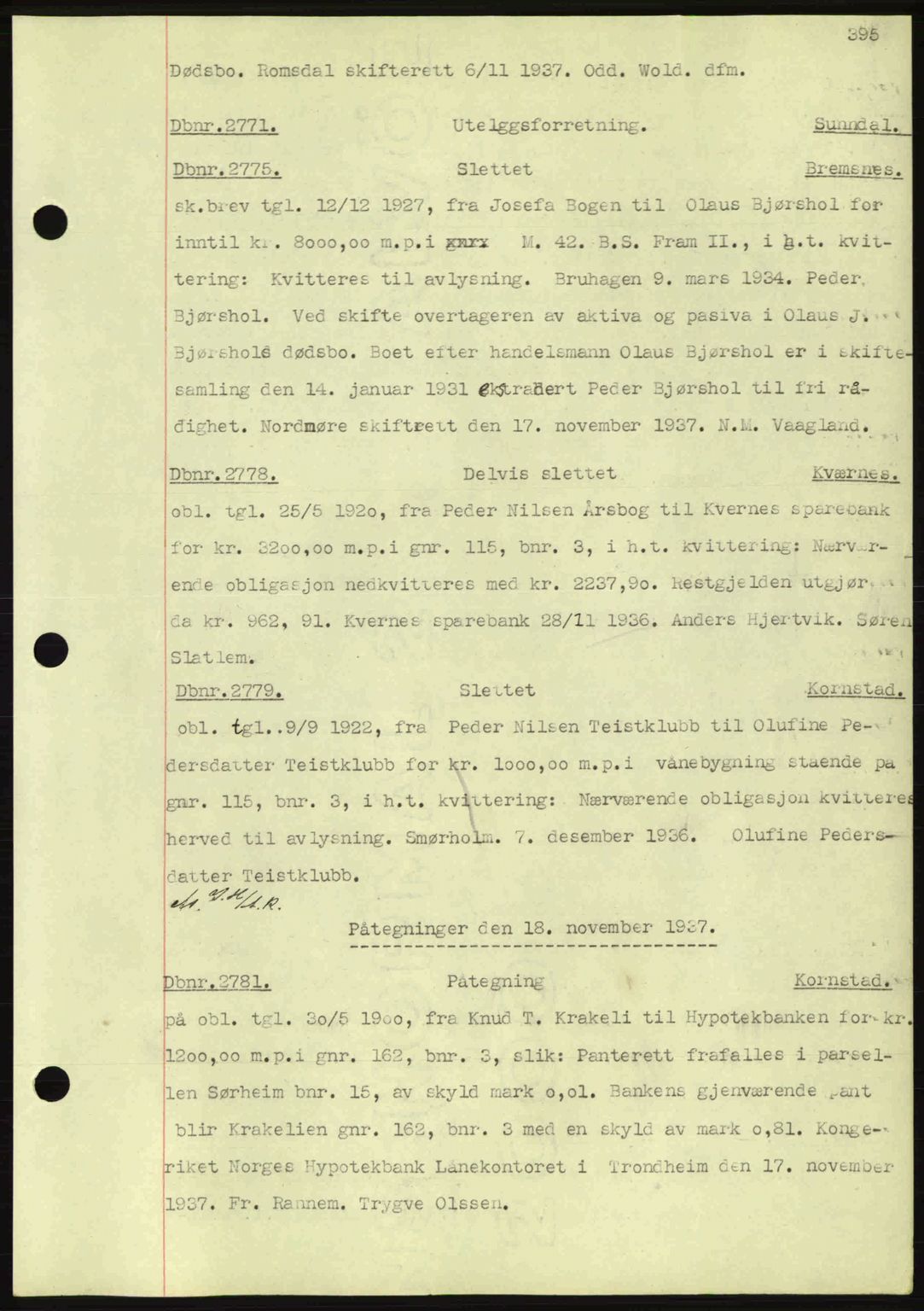 Nordmøre sorenskriveri, AV/SAT-A-4132/1/2/2Ca: Mortgage book no. C80, 1936-1939, Diary no: : 2771/1937