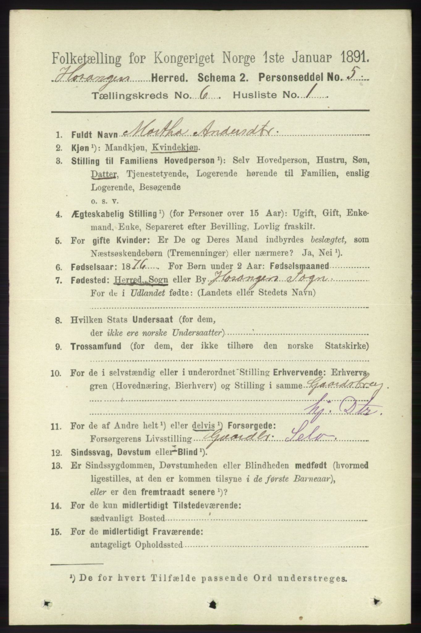 RA, 1891 census for 1253 Hosanger, 1891, p. 2142