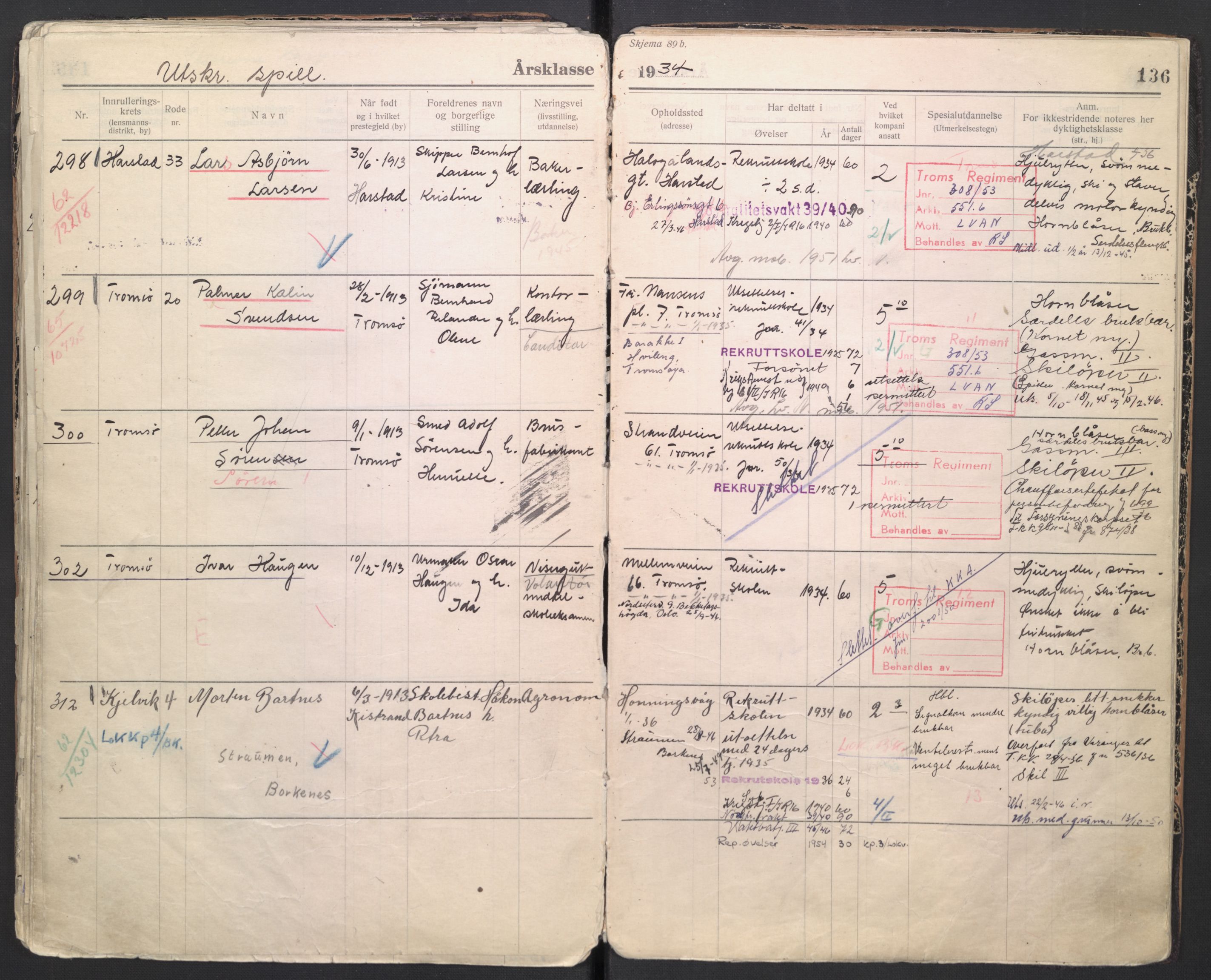 Forsvaret, Troms infanteriregiment nr. 16, AV/RA-RAFA-3146/P/Pa/L0006/0007: Ruller / Rulle for regimentets menige mannskaper, årsklasse 1934, 1934, p. 136