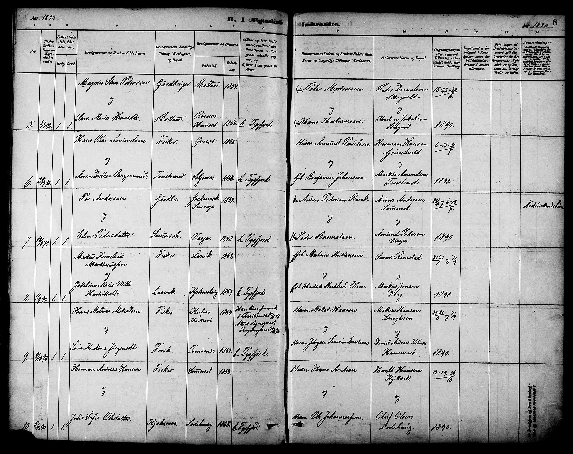 Ministerialprotokoller, klokkerbøker og fødselsregistre - Nordland, AV/SAT-A-1459/861/L0870: Parish register (official) no. 861A05, 1889-1903, p. 8