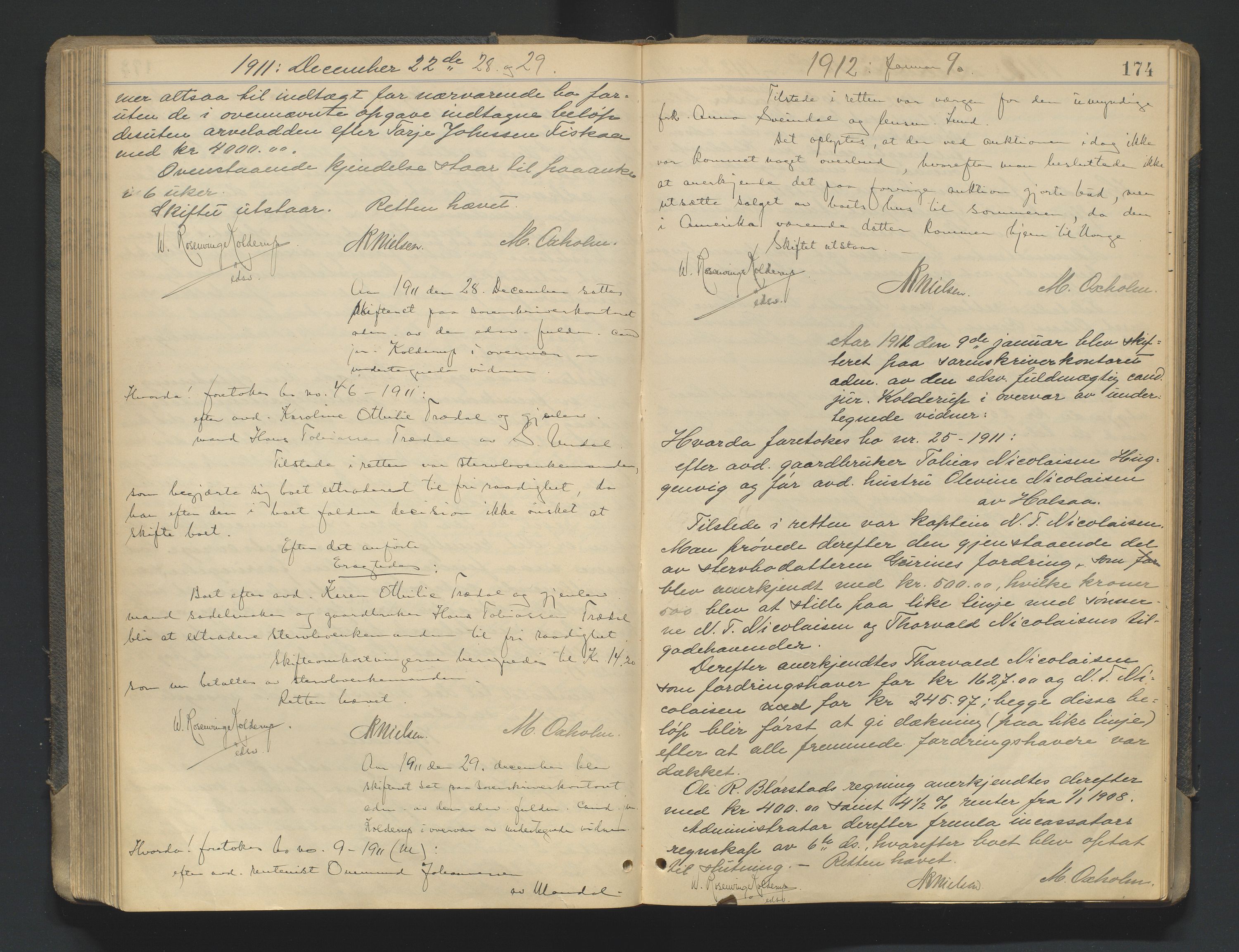 Mandal sorenskriveri, AV/SAK-1221-0005/001/H/Hc/L0081: Skifteforhandlingsprotokoll nr 13, 1909-1913, p. 174