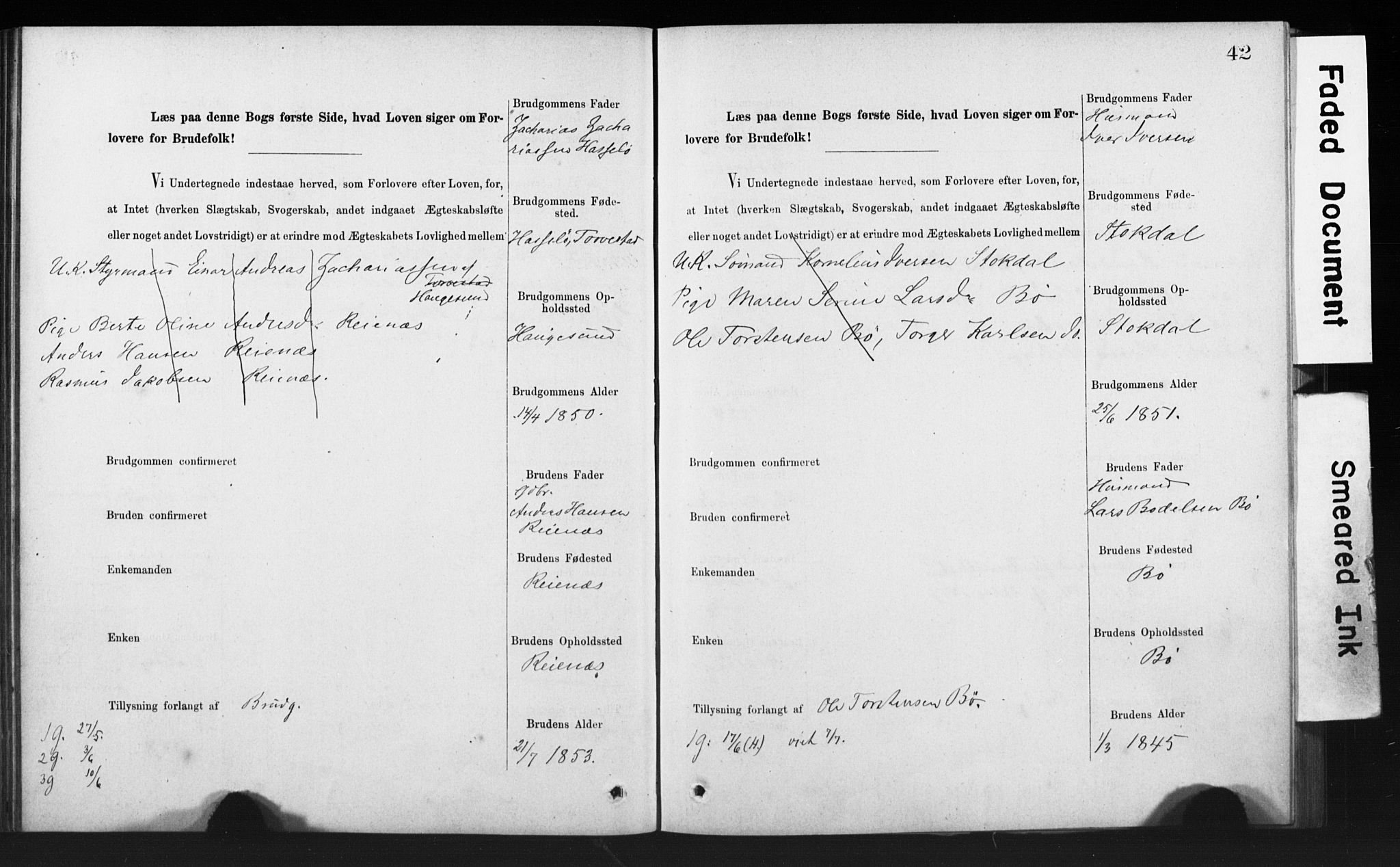 Rennesøy sokneprestkontor, SAST/A -101827/I/Ie/L0001: Banns register no. 1, 1873-1898, p. 42