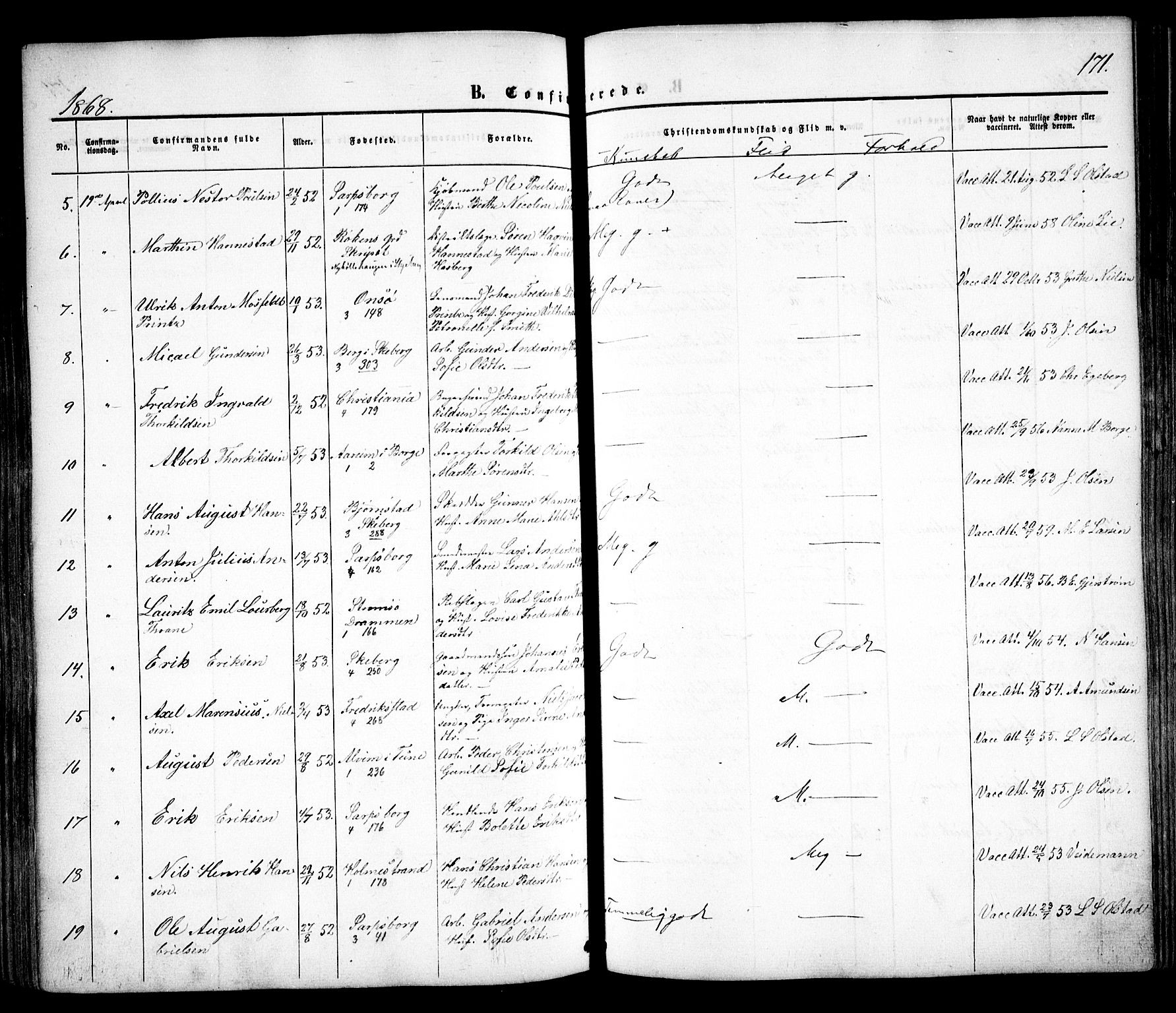 Sarpsborg prestekontor Kirkebøker, AV/SAO-A-2006/F/Fa/L0001: Parish register (official) no. 1, 1859-1868, p. 171