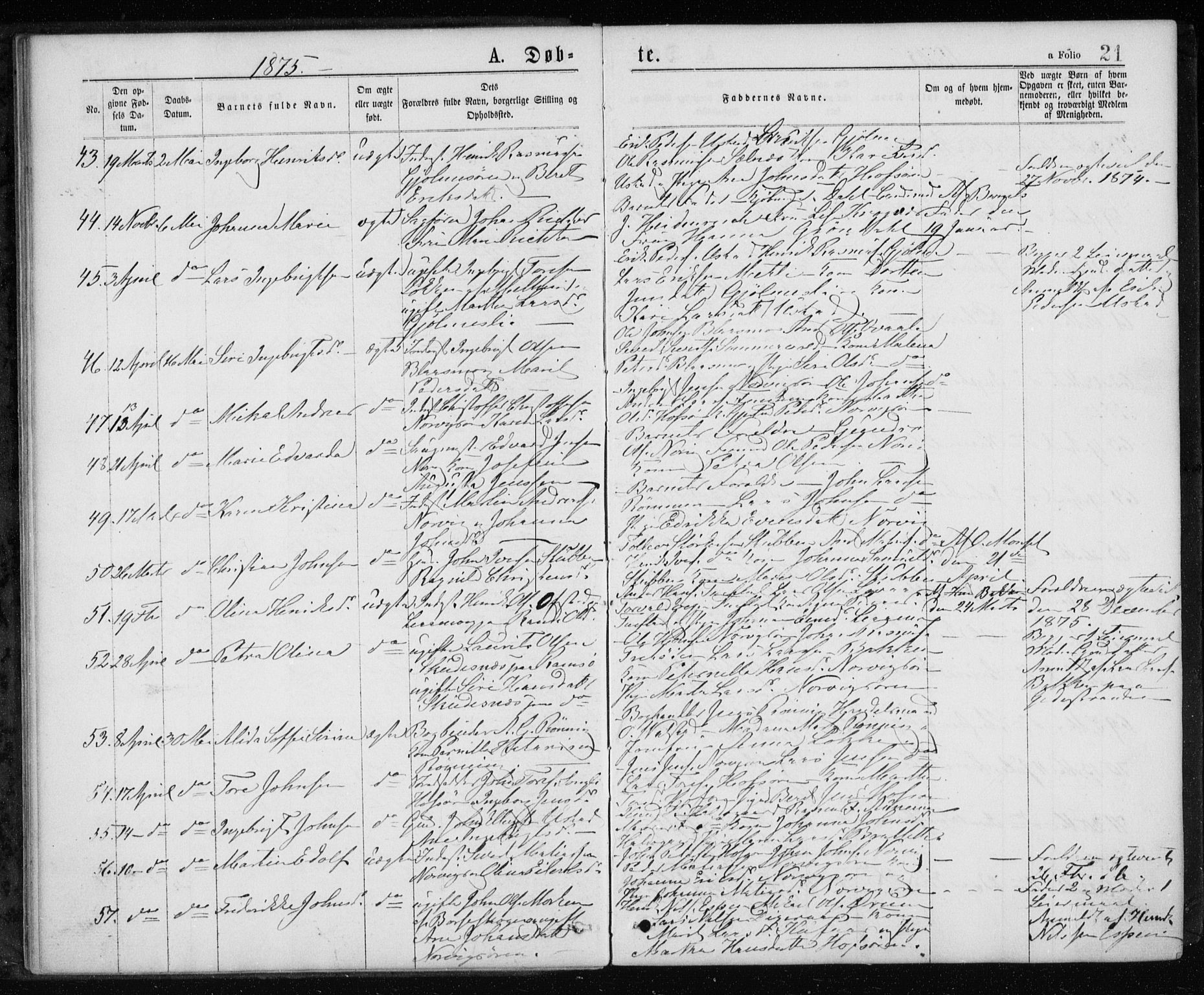 Ministerialprotokoller, klokkerbøker og fødselsregistre - Sør-Trøndelag, AV/SAT-A-1456/668/L0817: Parish register (copy) no. 668C06, 1873-1884, p. 21