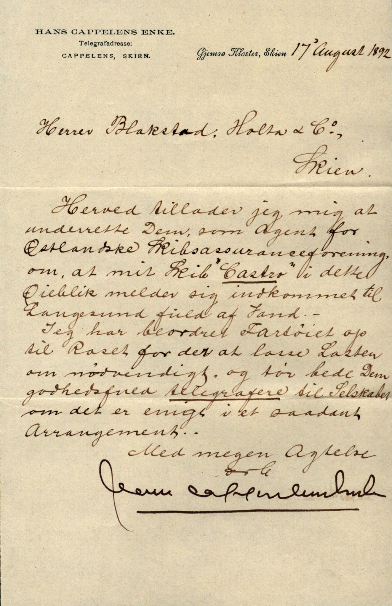 Pa 63 - Østlandske skibsassuranceforening, VEMU/A-1079/G/Ga/L0029/0002: Havaridokumenter / Johanne, Ocean, Capella, Columbus, Castro, 1892, p. 51