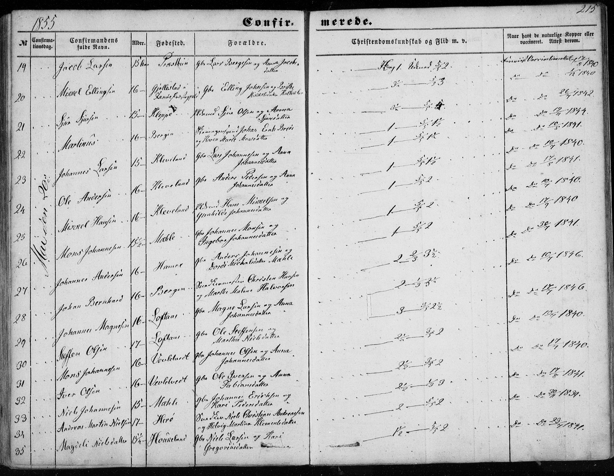 Haus sokneprestembete, AV/SAB-A-75601/H/Haa: Parish register (official) no. A 16 I, 1848-1857, p. 215