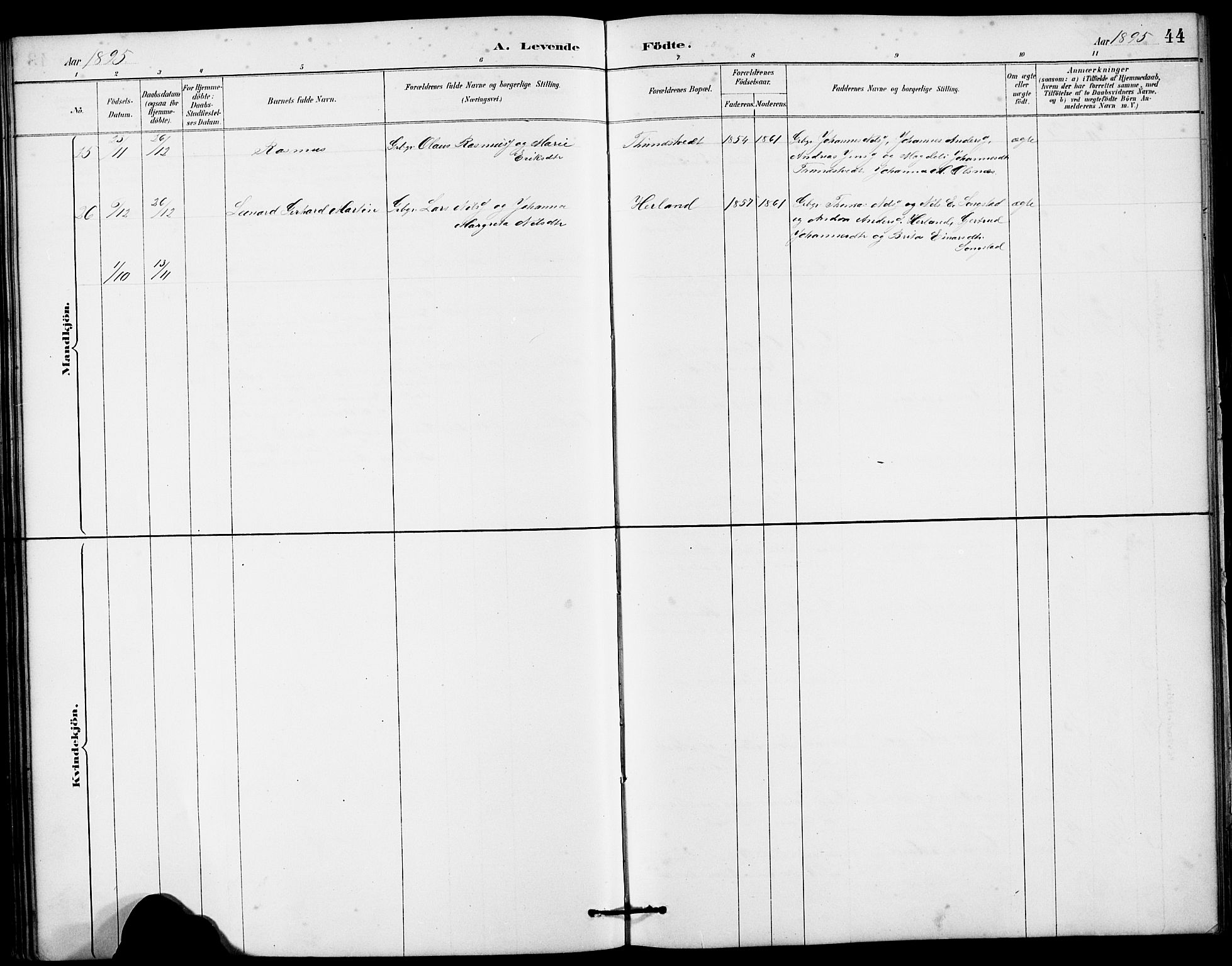 Haus sokneprestembete, AV/SAB-A-75601/H/Hab: Parish register (copy) no. B 3, 1885-1899, p. 44