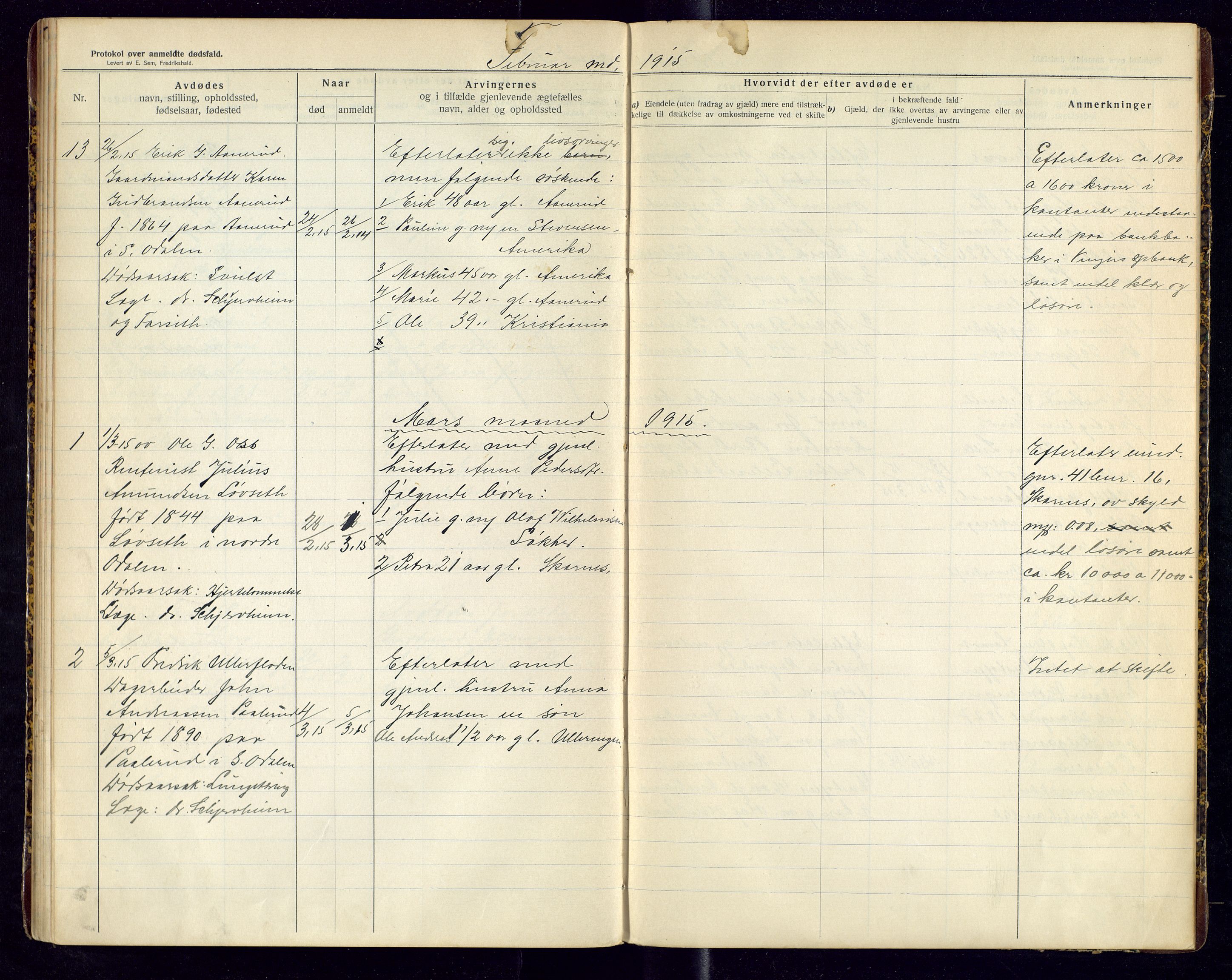 Sør-Odal lensmannskontor, AV/SAH-LHS-022/H/Hb/L0002/0001: Protokoller over anmeldte dødsfall / Protokoll over anmeldte dødsfall, 1913-1915