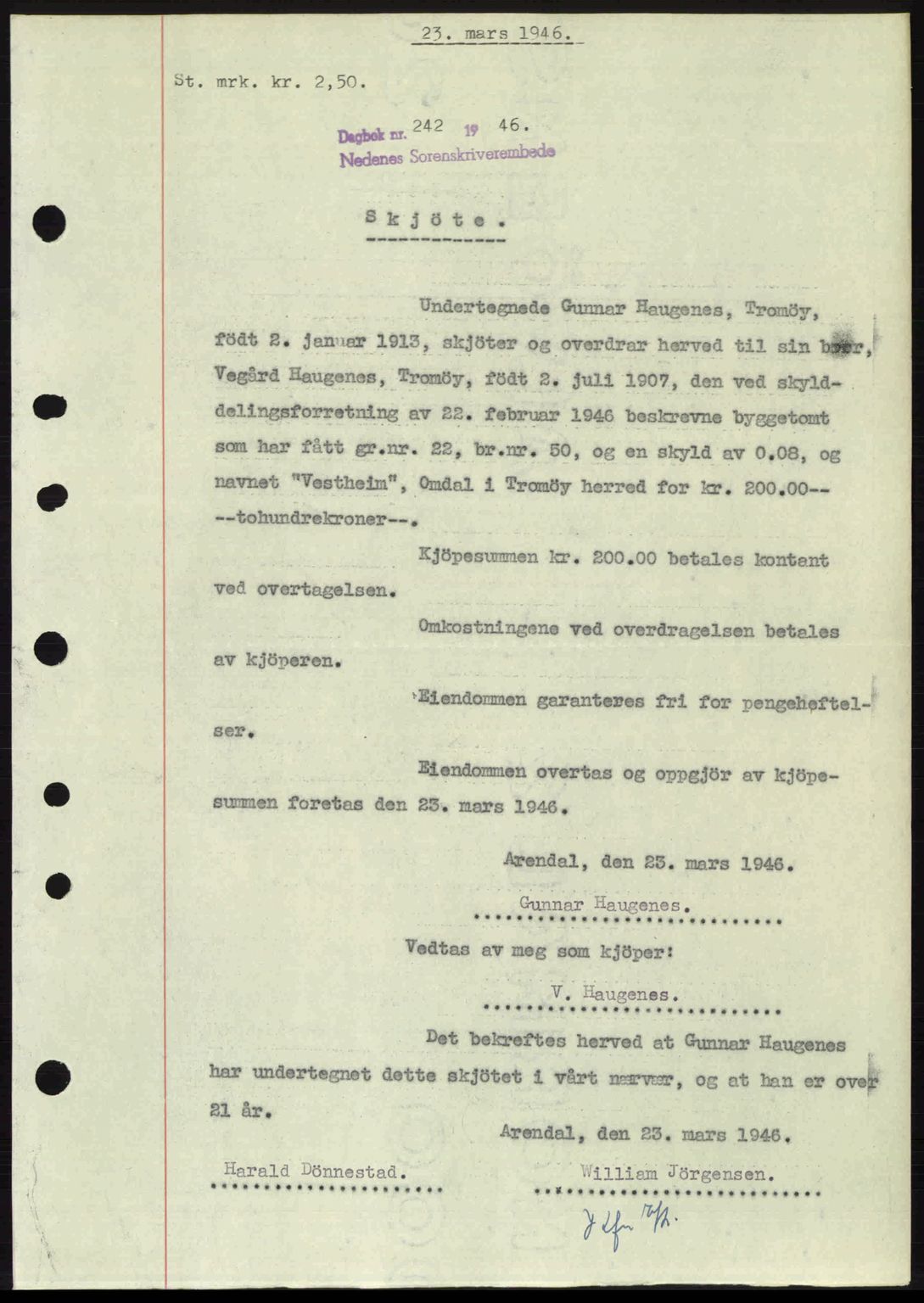 Nedenes sorenskriveri, SAK/1221-0006/G/Gb/Gba/L0054: Mortgage book no. A6c, 1946-1946, Diary no: : 242/1946