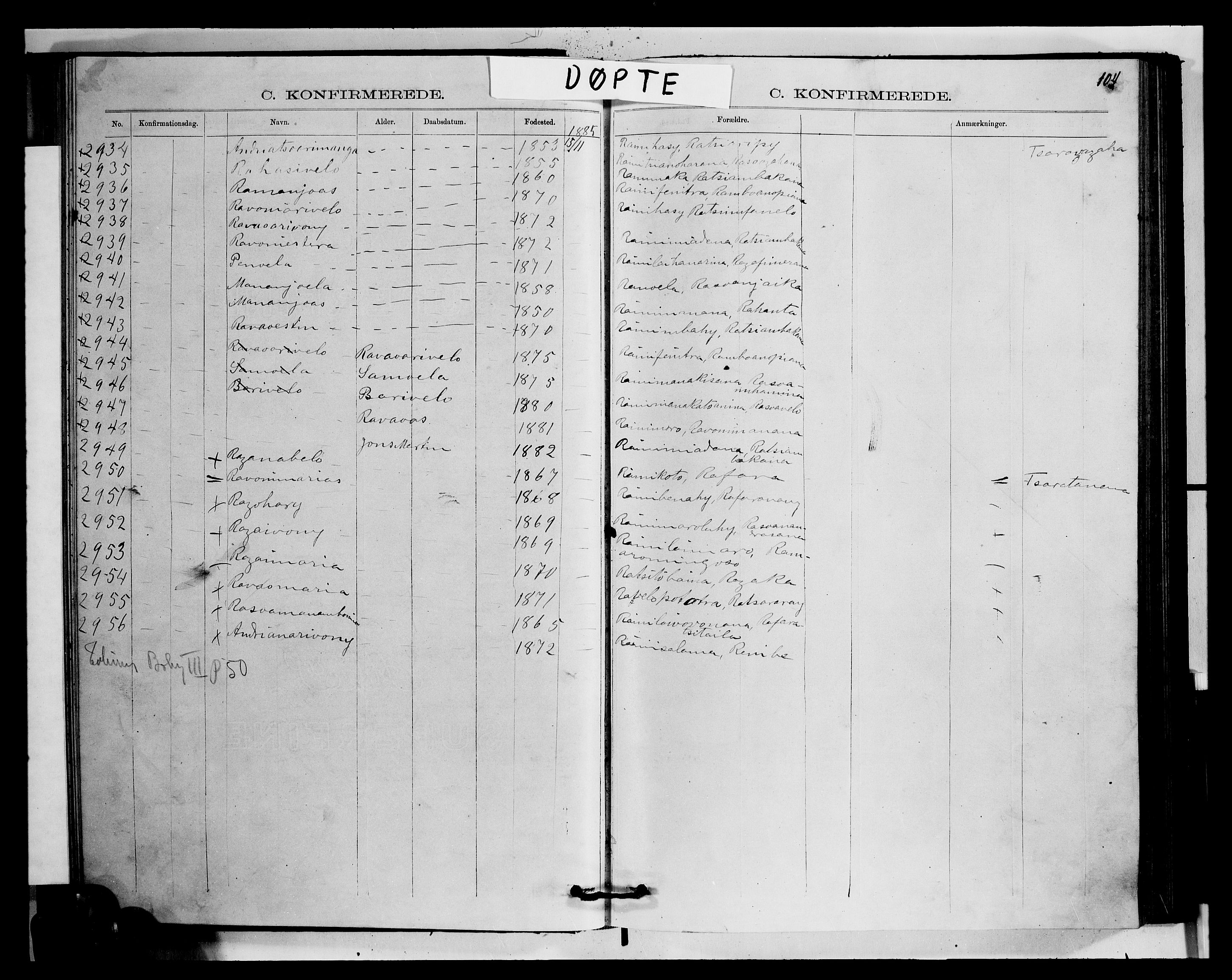 Archives FLM/NMS, Madagaskar, VID/MA-A-1163/D/Db/L0270: Parish register (official) no. 2, 1883-1886, p. 104